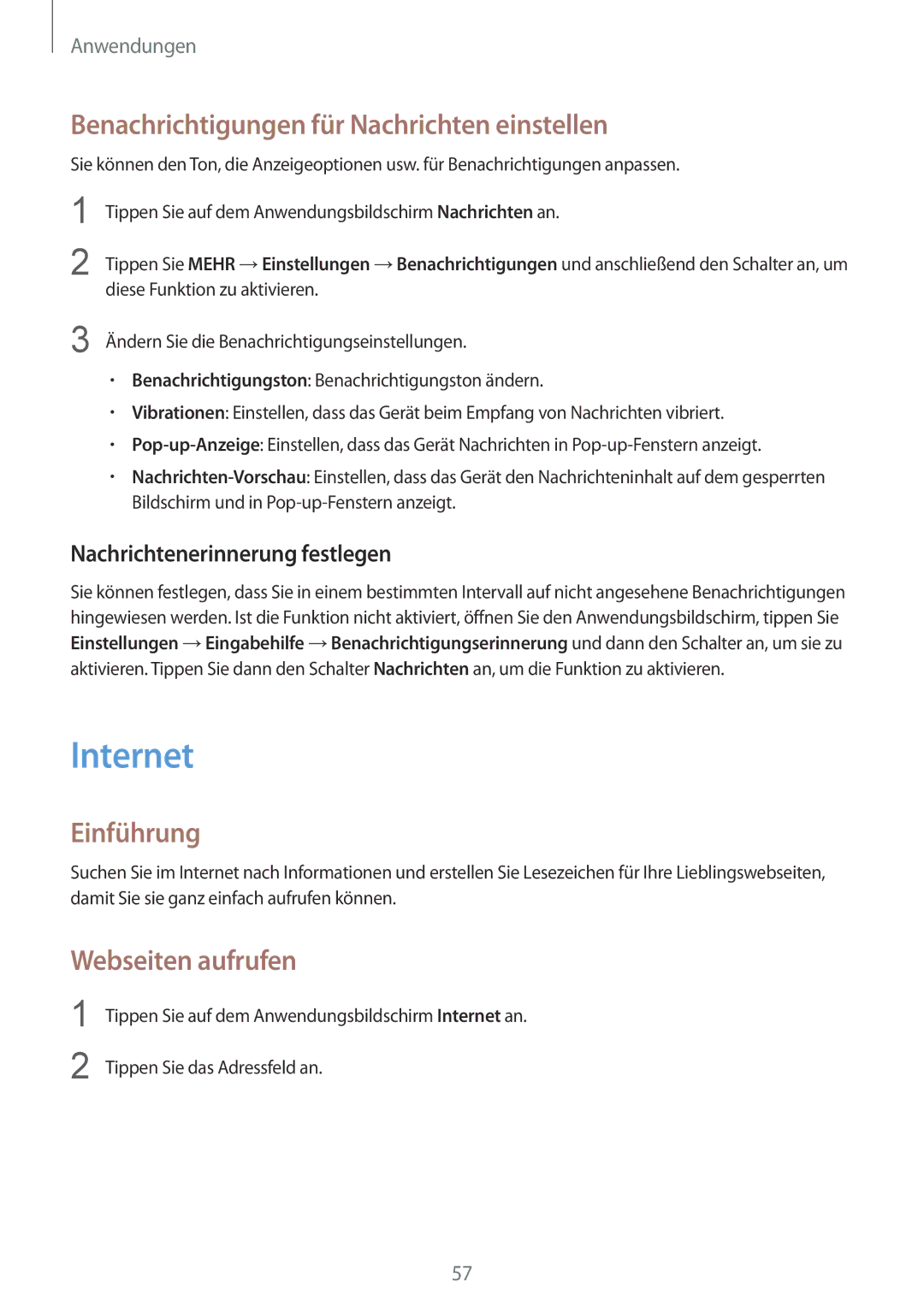 Samsung SM-T719NZKEDBT, SM-T819NZKEDBT manual Internet, Benachrichtigungen für Nachrichten einstellen, Webseiten aufrufen 