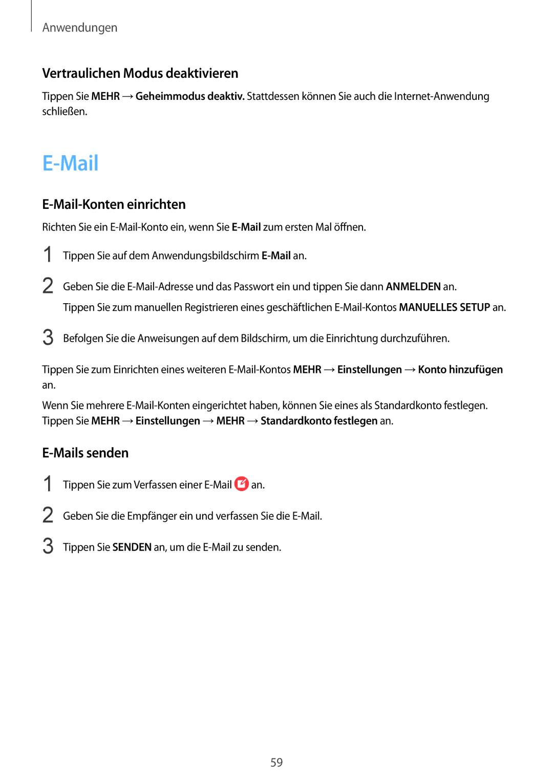 Samsung SM-T819NZWEDBT, SM-T819NZKEDBT manual Vertraulichen Modus deaktivieren, Mail-Konten einrichten, Mails senden 