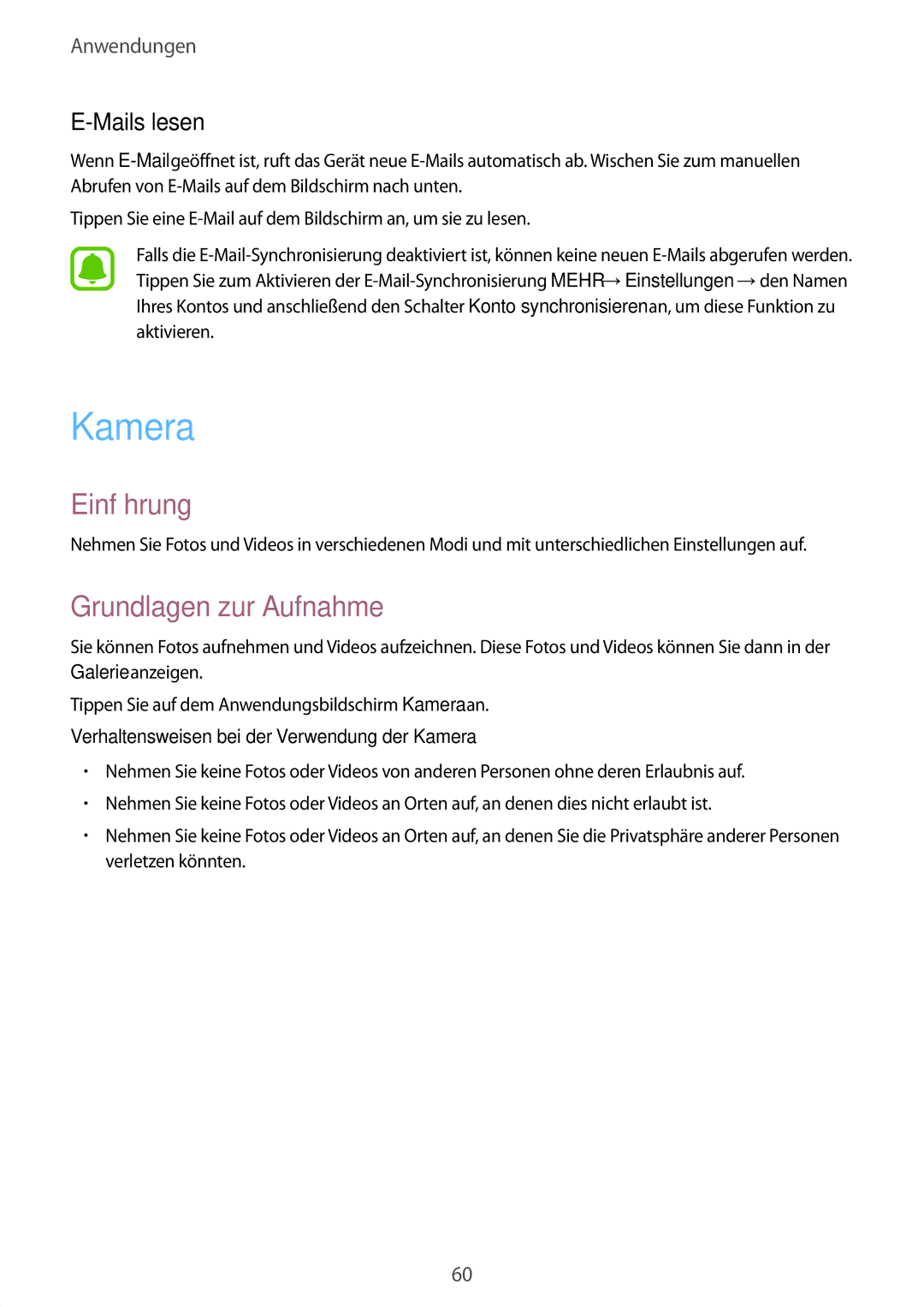 Samsung SM-T819NZKEDBT manual Grundlagen zur Aufnahme, Mails lesen, Verhaltensweisen bei der Verwendung der Kamera 