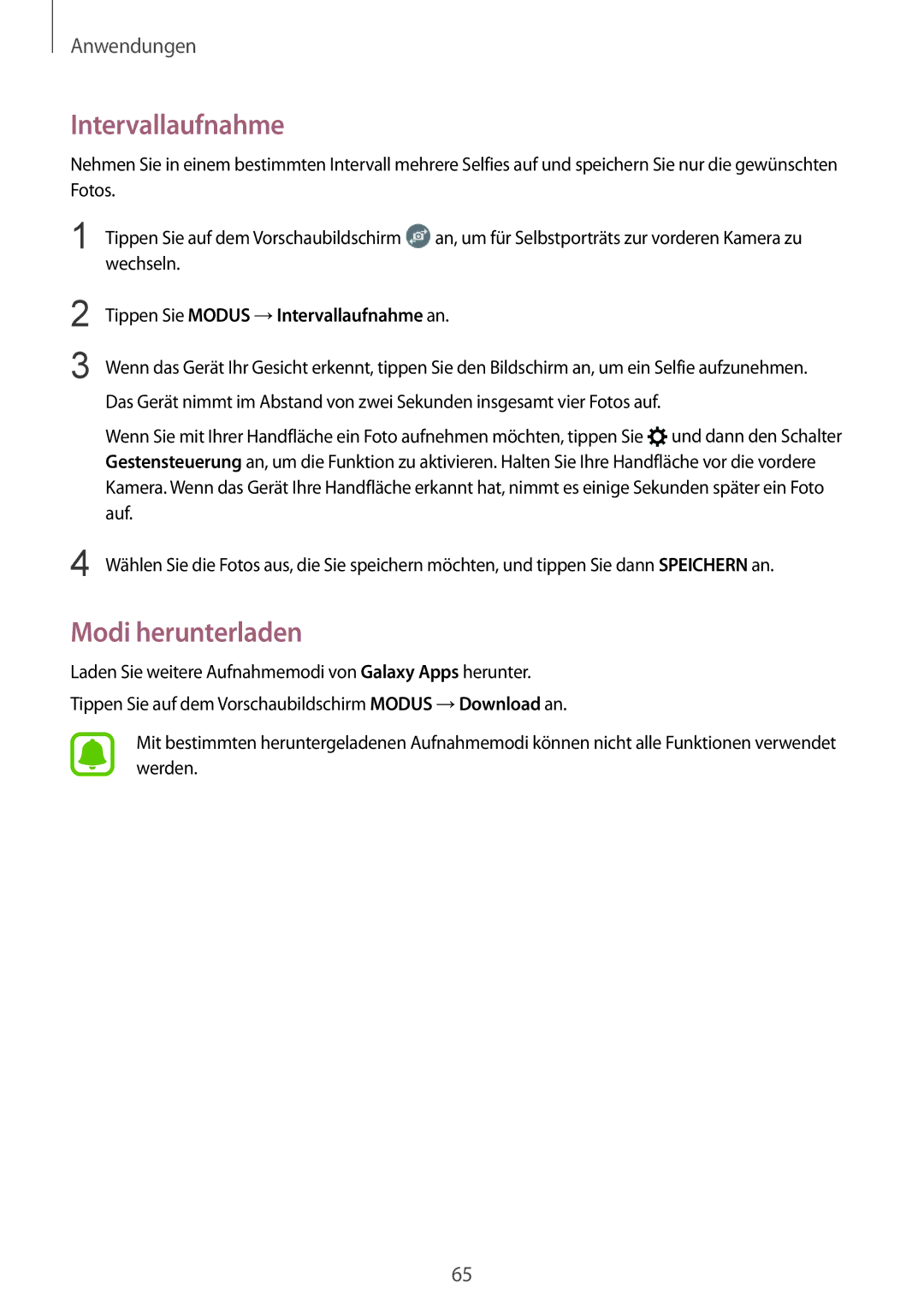 Samsung SM-T719NZKEDBT, SM-T819NZKEDBT, SM-T719NZWEDBT manual Modi herunterladen, Tippen Sie Modus →Intervallaufnahme an 