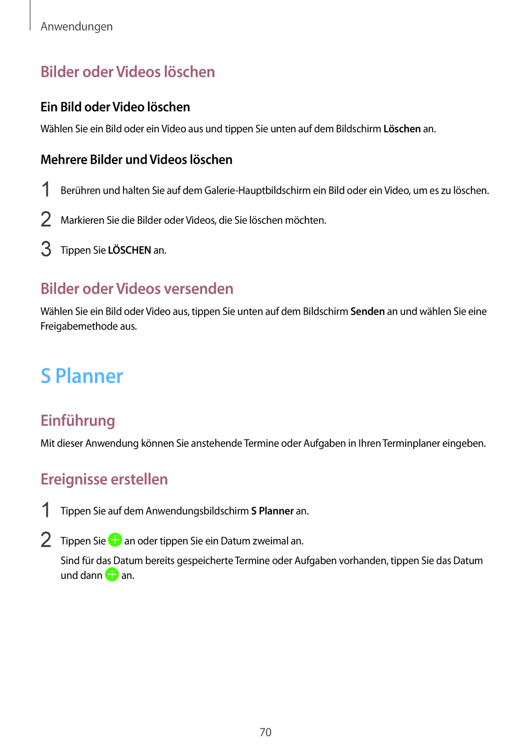 Samsung SM-T719NZWEDBT manual Planner, Bilder oder Videos löschen, Bilder oder Videos versenden, Ereignisse erstellen 