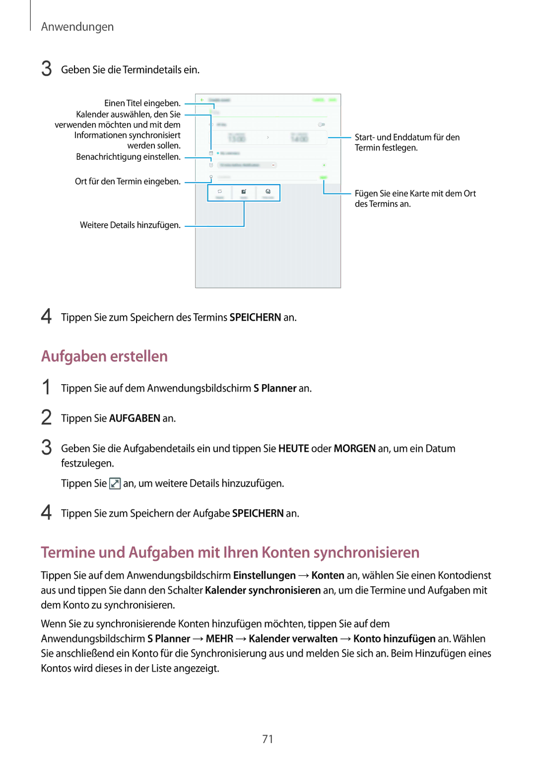 Samsung SM-T819NZWEDBT, SM-T819NZKEDBT manual Aufgaben erstellen, Termine und Aufgaben mit Ihren Konten synchronisieren 