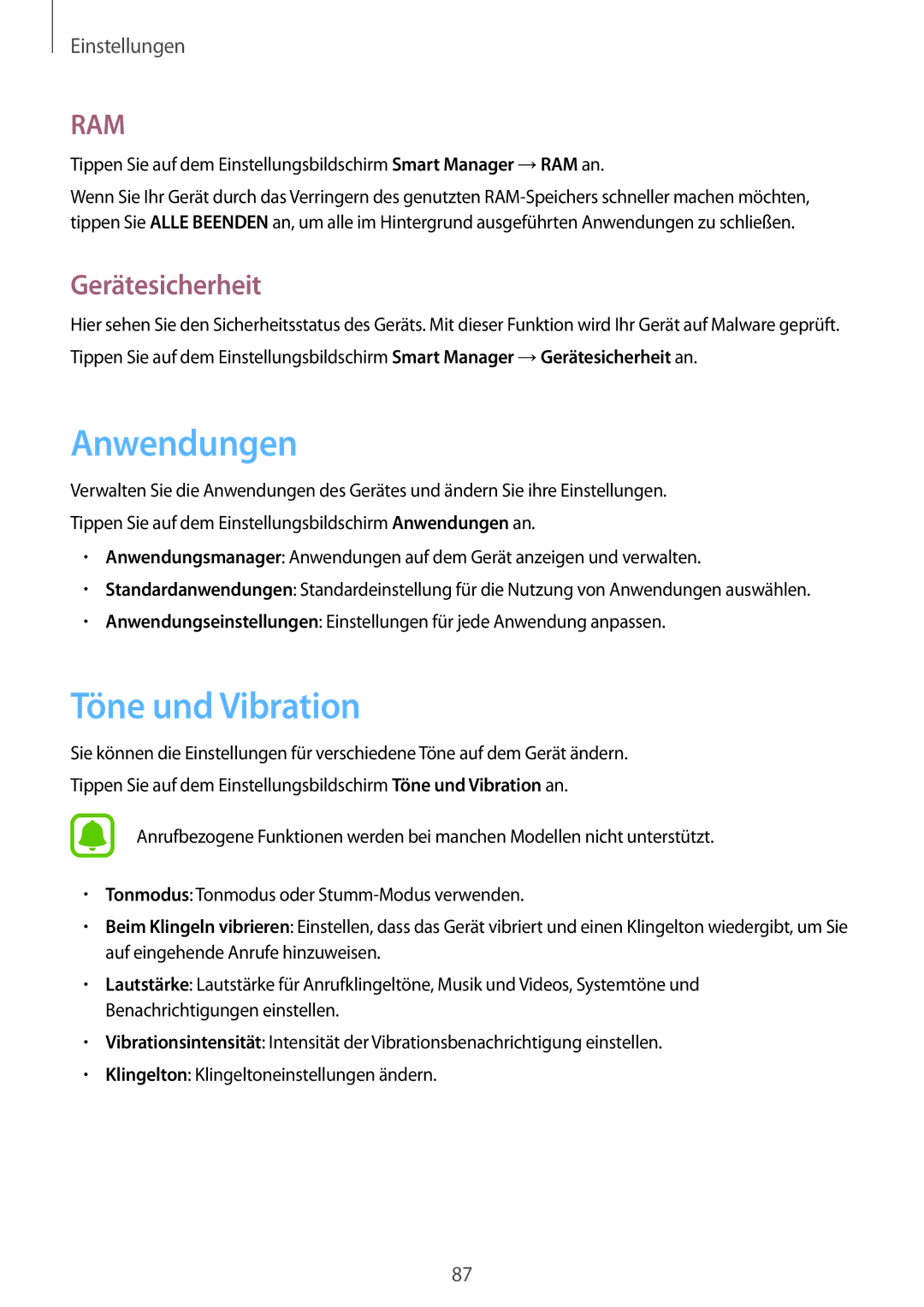 Samsung SM-T819NZWEDBT, SM-T819NZKEDBT, SM-T719NZKEDBT, SM-T719NZWEDBT Anwendungen, Töne und Vibration, Gerätesicherheit 