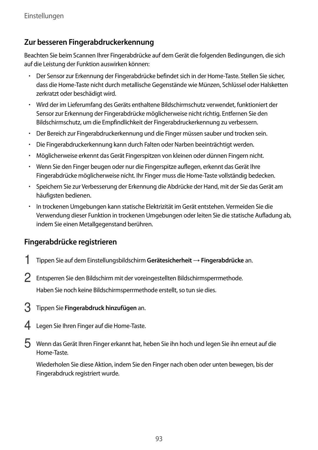 Samsung SM-T719NZKEDBT, SM-T819NZKEDBT, SM-T719NZWEDBT Zur besseren Fingerabdruckerkennung, Fingerabdrücke registrieren 