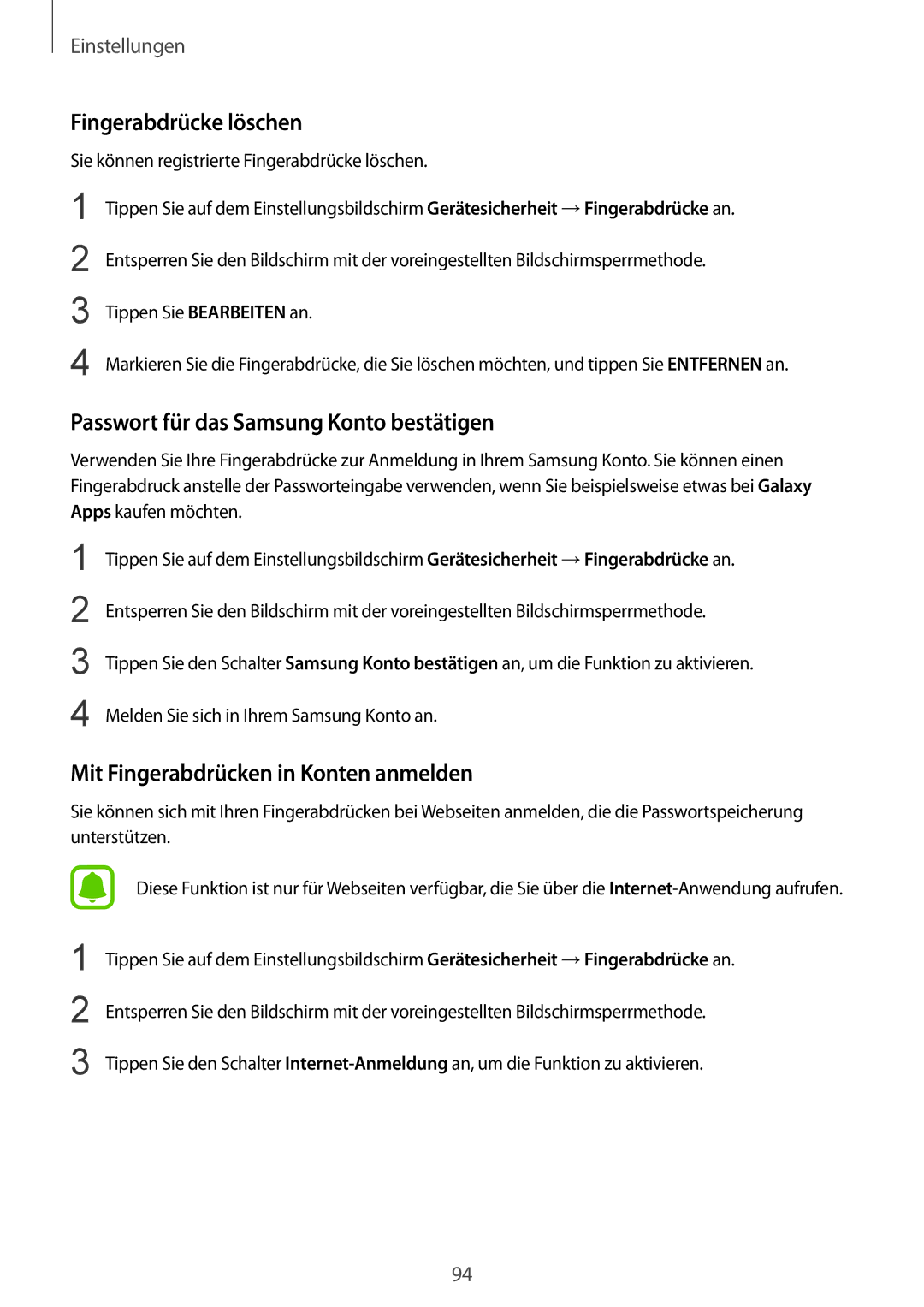 Samsung SM-T719NZWEDBT, SM-T819NZKEDBT, SM-T719NZKEDBT Fingerabdrücke löschen, Passwort für das Samsung Konto bestätigen 