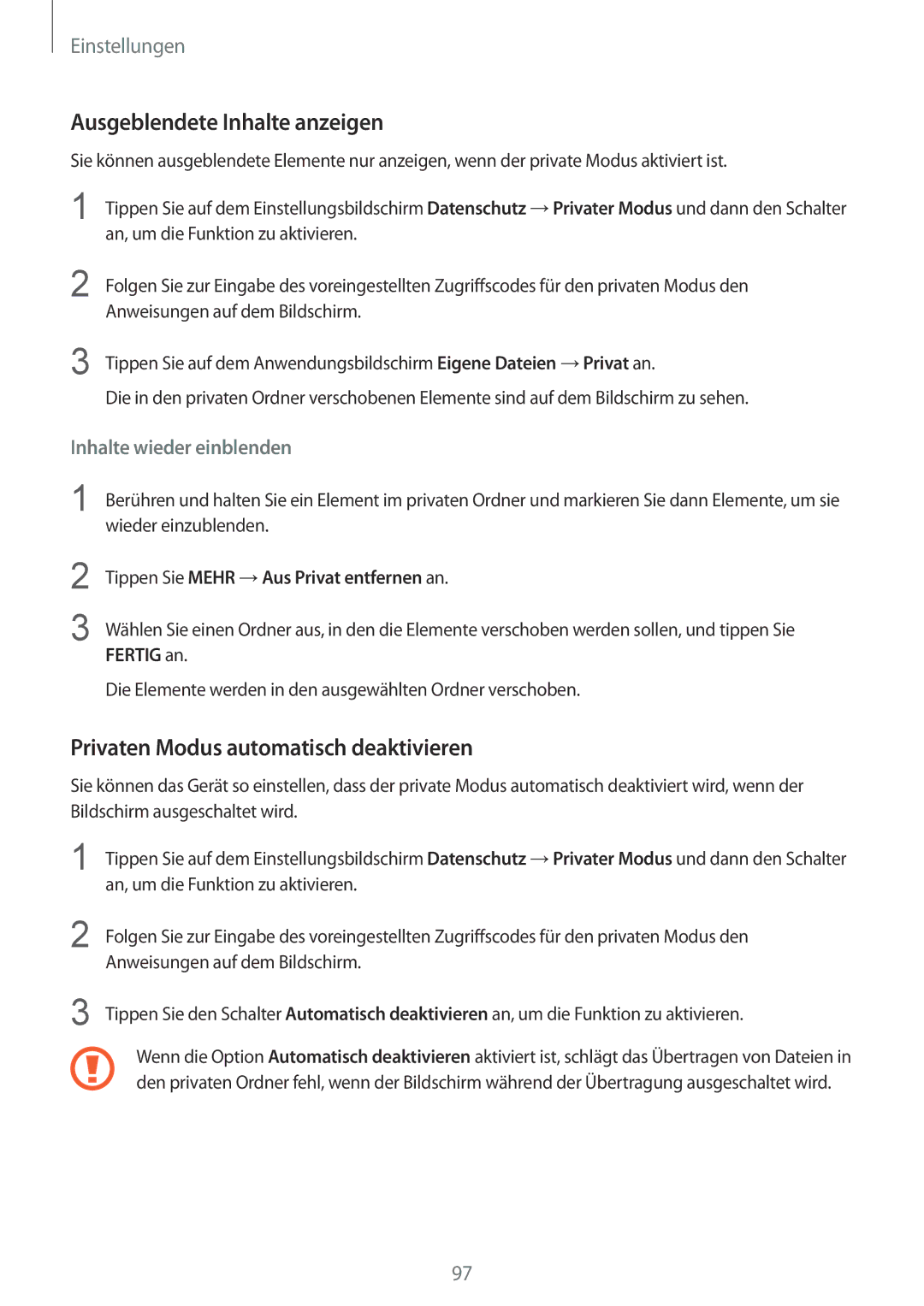 Samsung SM-T719NZKEDBT, SM-T819NZKEDBT manual Ausgeblendete Inhalte anzeigen, Privaten Modus automatisch deaktivieren 