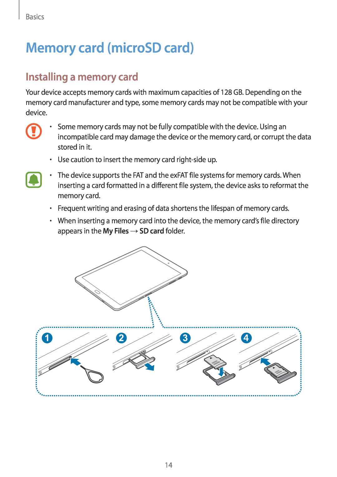 Samsung SM-T719NZKEPHE, SM-T819NZKEDBT, SM-T719NZKEDBT manual Memory card microSD card, Installing a memory card, Basics 