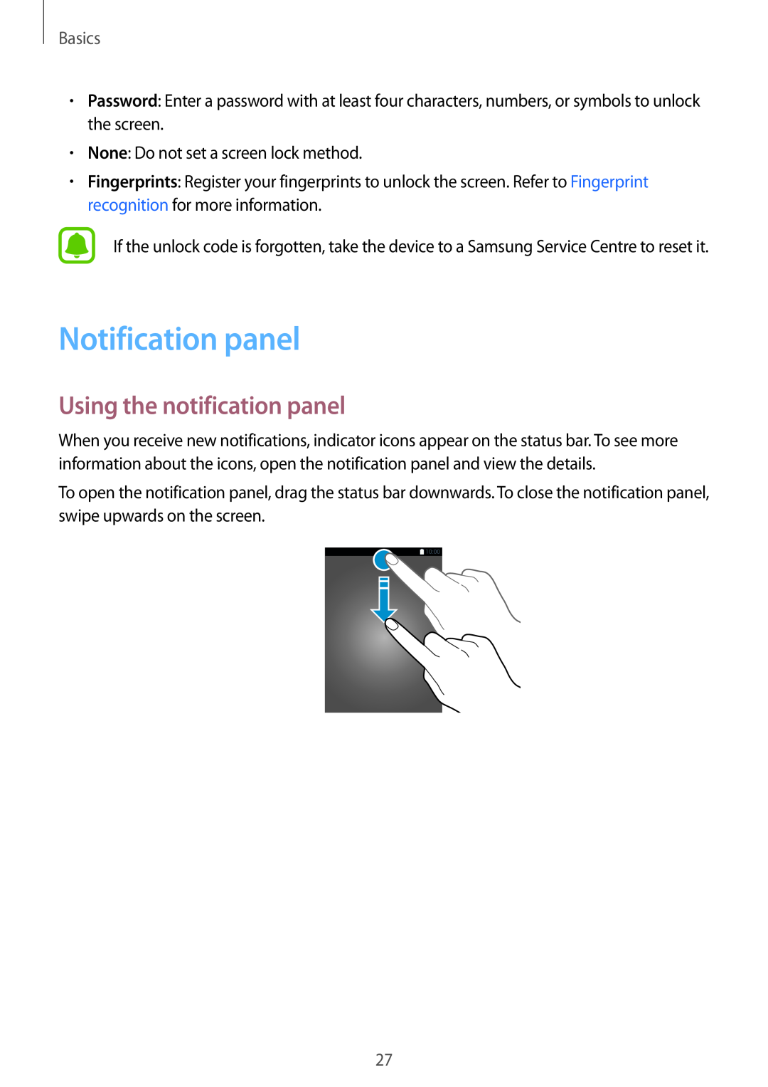 Samsung SM-T719NZKEXEZ, SM-T819NZKEDBT, SM-T719NZKEDBT manual Notification panel, Using the notification panel, Basics 
