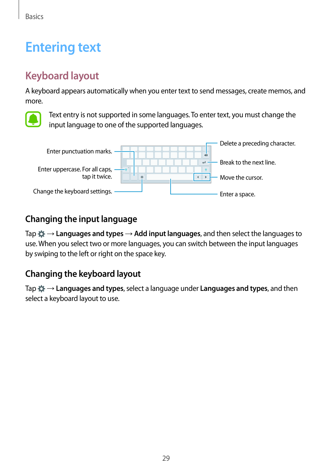 Samsung SM-T719NZWENEE Entering text, Keyboard layout, Changing the input language, Changing the keyboard layout, Basics 