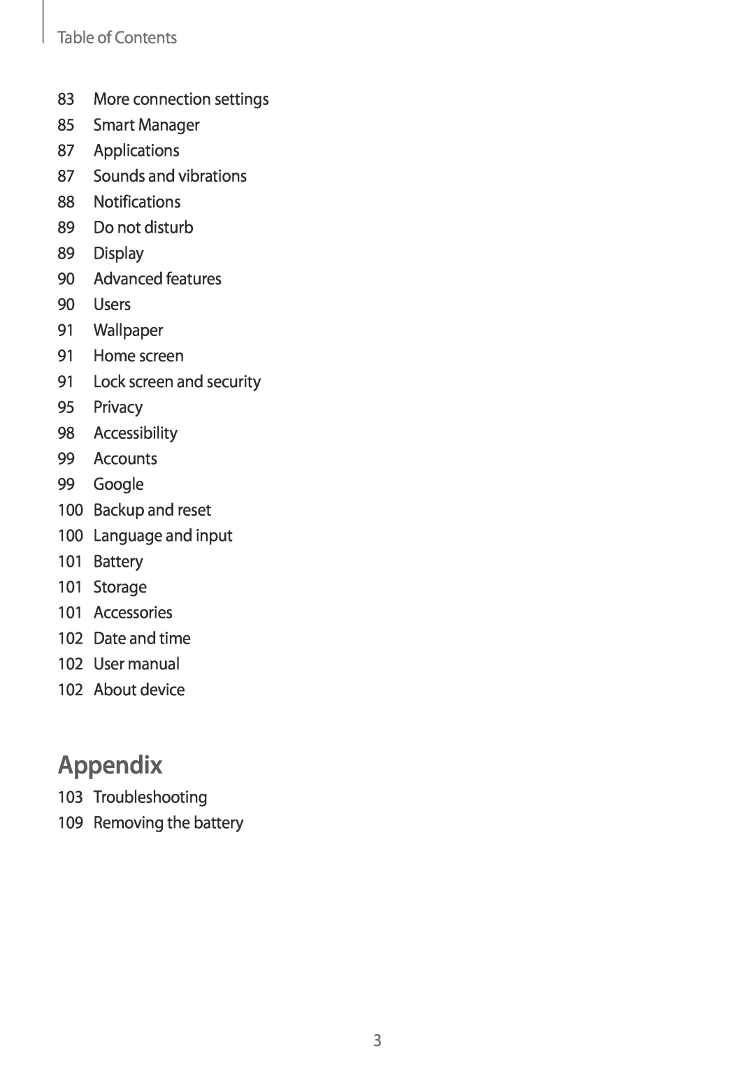 Samsung SM-T819NZWEDBT, SM-T819NZKEDBT, SM-T719NZKEDBT, SM-T719NZWEDBT, SM-T819NZWEXEF manual Appendix, Table of Contents 