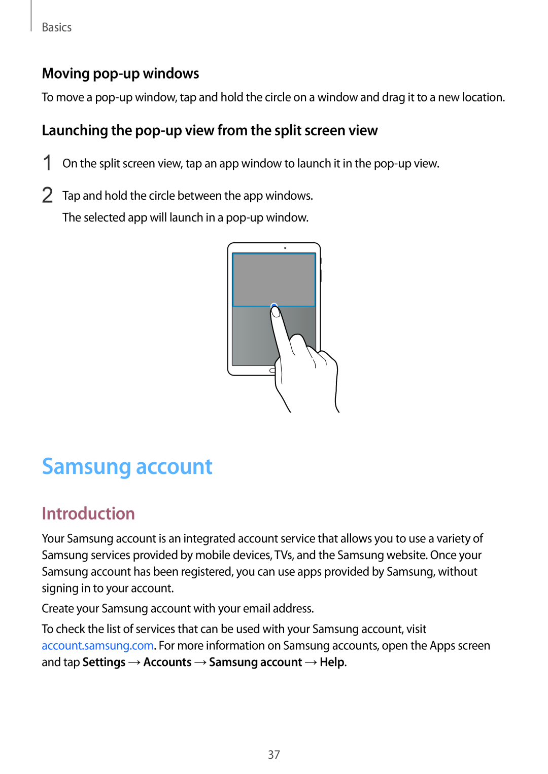 Samsung SM-T819NZWEEUR manual Samsung account, Moving pop-up windows, Launching the pop-up view from the split screen view 
