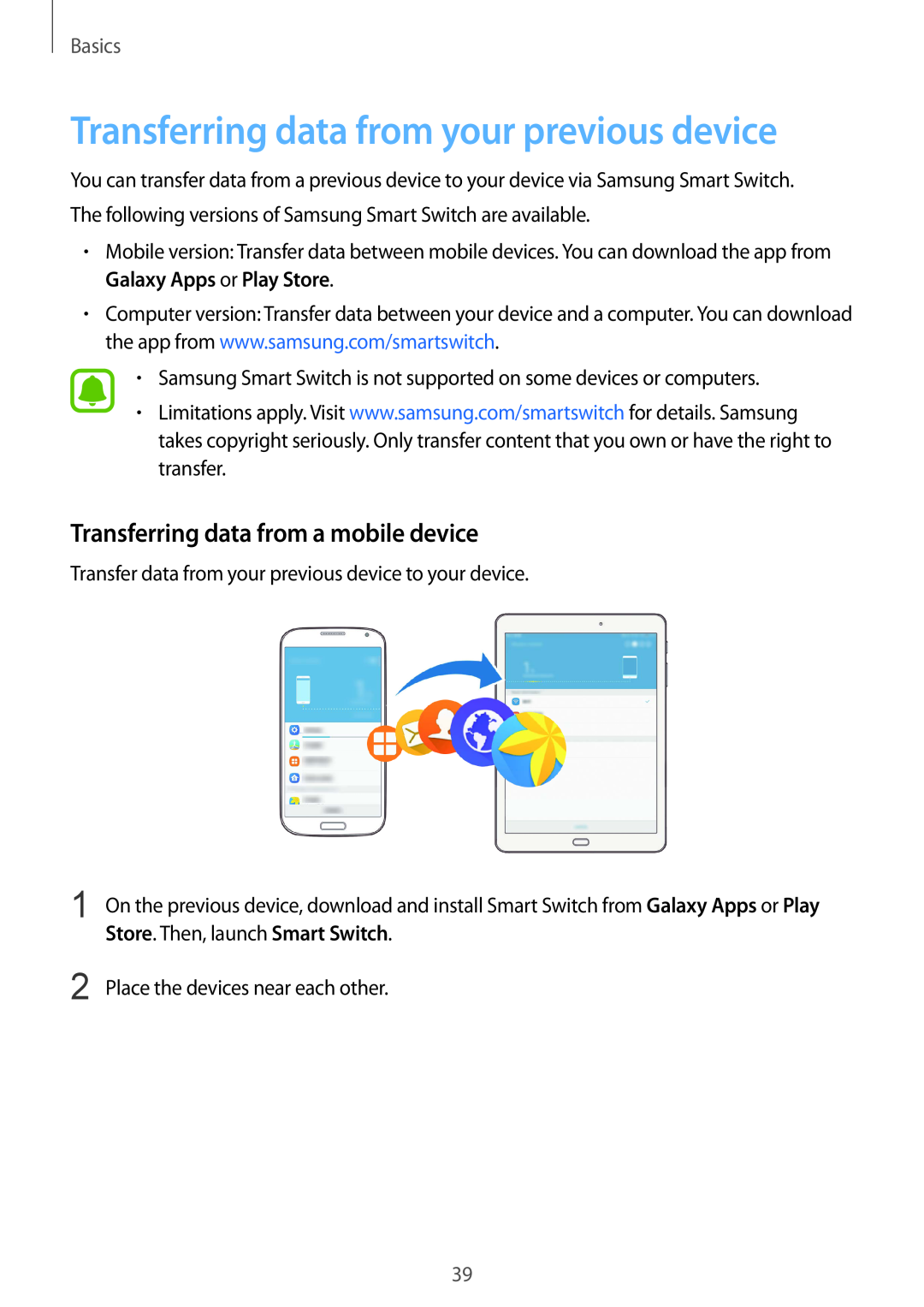 Samsung SM-T819NZWEXEH manual Transferring data from your previous device, Transferring data from a mobile device, Basics 