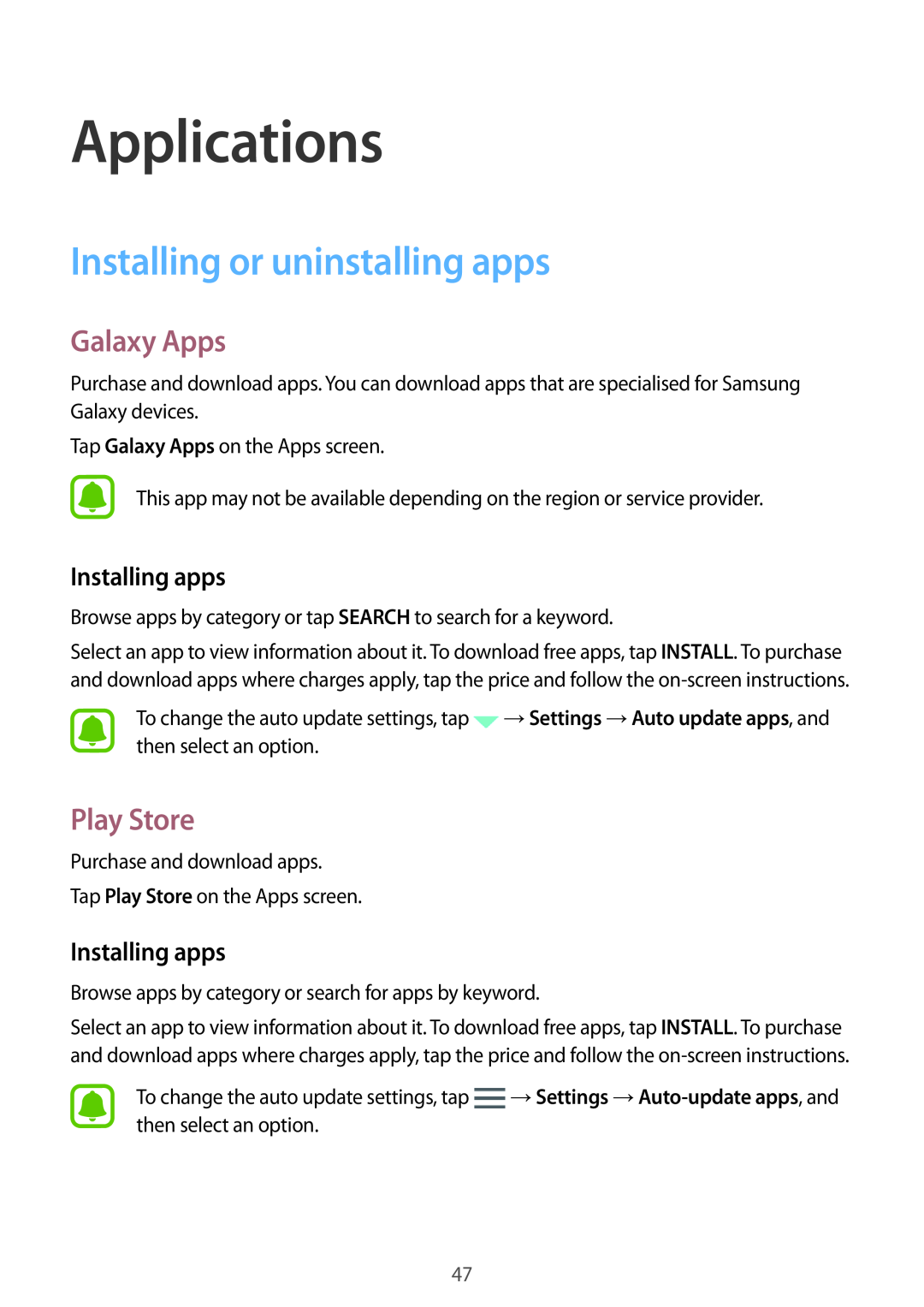 Samsung SM-T719NZWESER manual Applications, Installing or uninstalling apps, Galaxy Apps, Play Store, Installing apps 