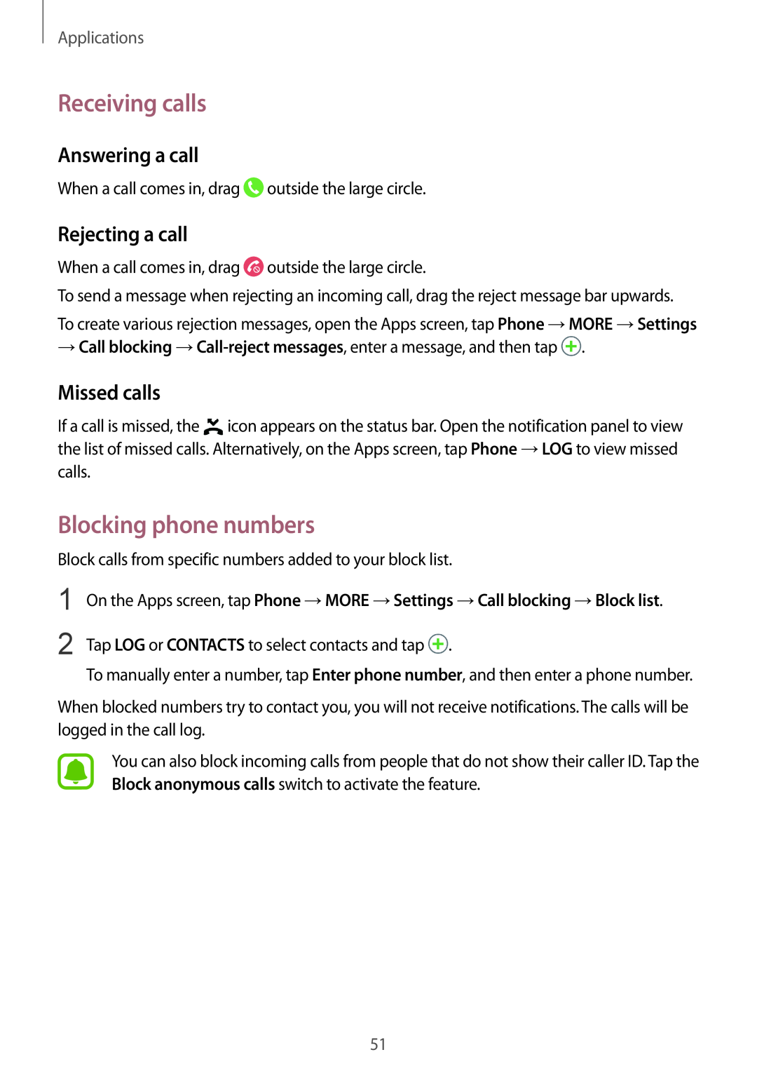 Samsung SM-T719NZWEDBT manual Receiving calls, Blocking phone numbers, Answering a call, Rejecting a call, Missed calls 