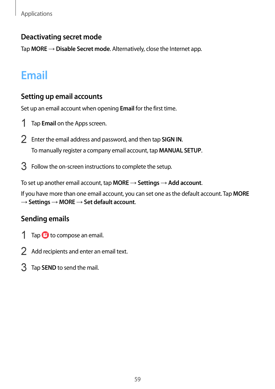 Samsung SM-T819NZDEITV manual Email, Deactivating secret mode, Setting up email accounts, Sending emails, Applications 