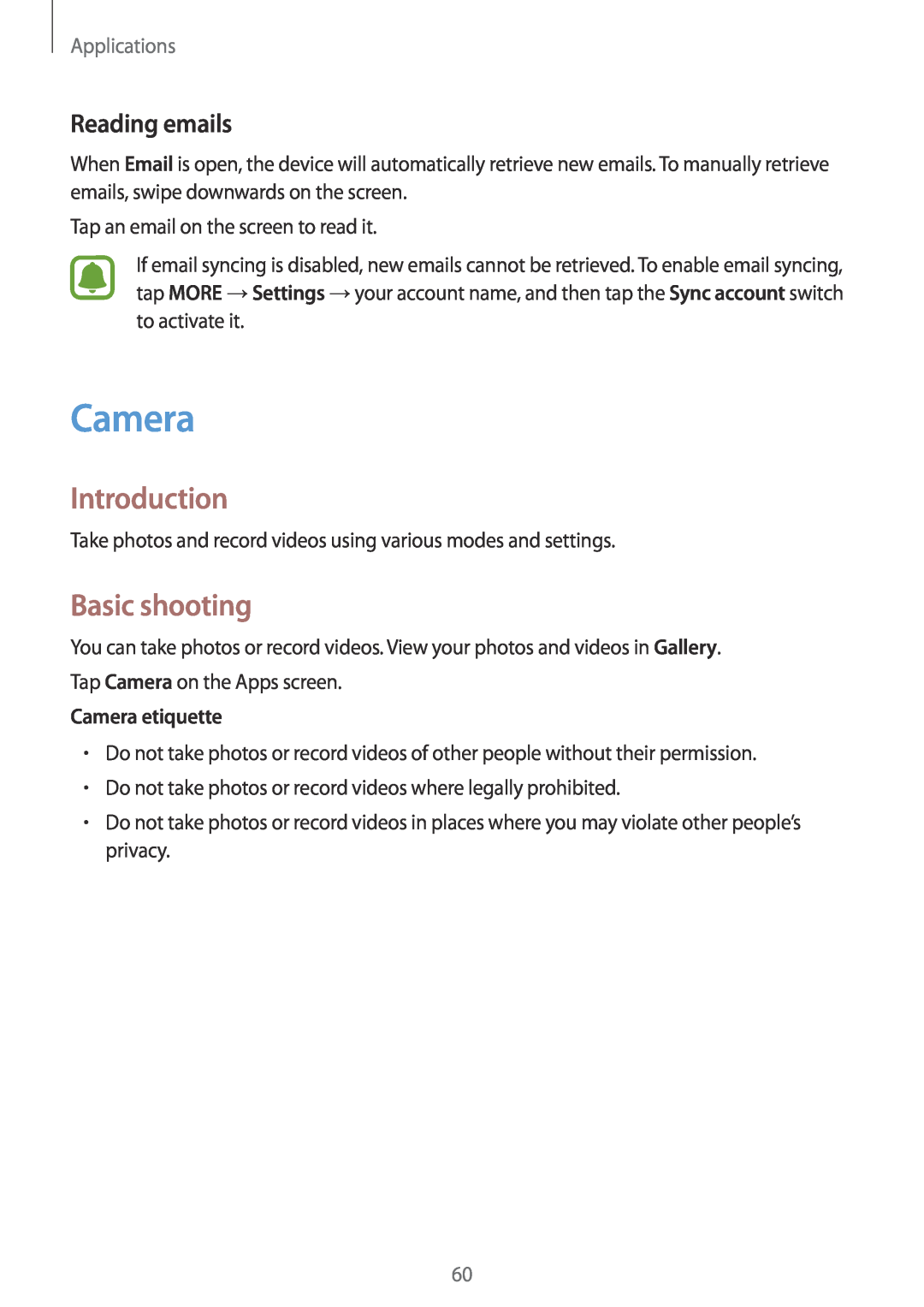 Samsung SM-T819NZKEPHE, SM-T819NZKEDBT Basic shooting, Reading emails, Camera etiquette, Introduction, Applications 