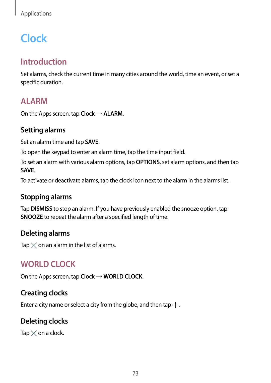 Samsung SM-T719YZWEXXV manual Alarm, World Clock, Setting alarms, Stopping alarms, Deleting alarms, Creating clocks 