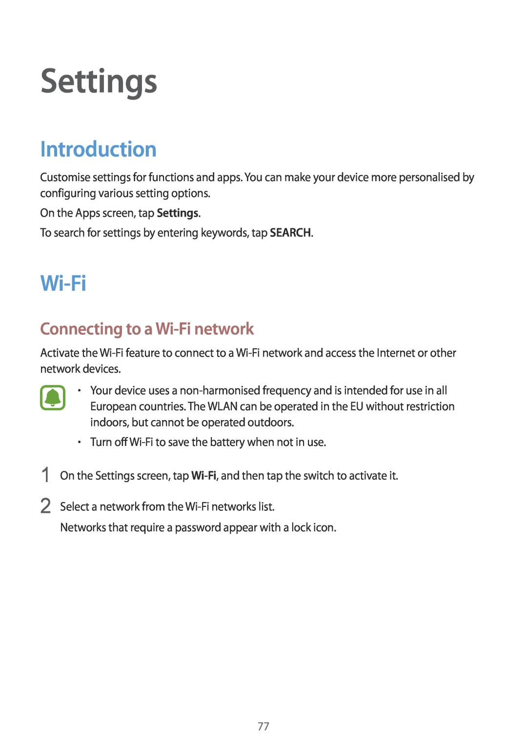 Samsung SM-T819NZKEXEZ, SM-T819NZKEDBT, SM-T719NZKEDBT manual Settings, Introduction, Connecting to a Wi-Fi network 