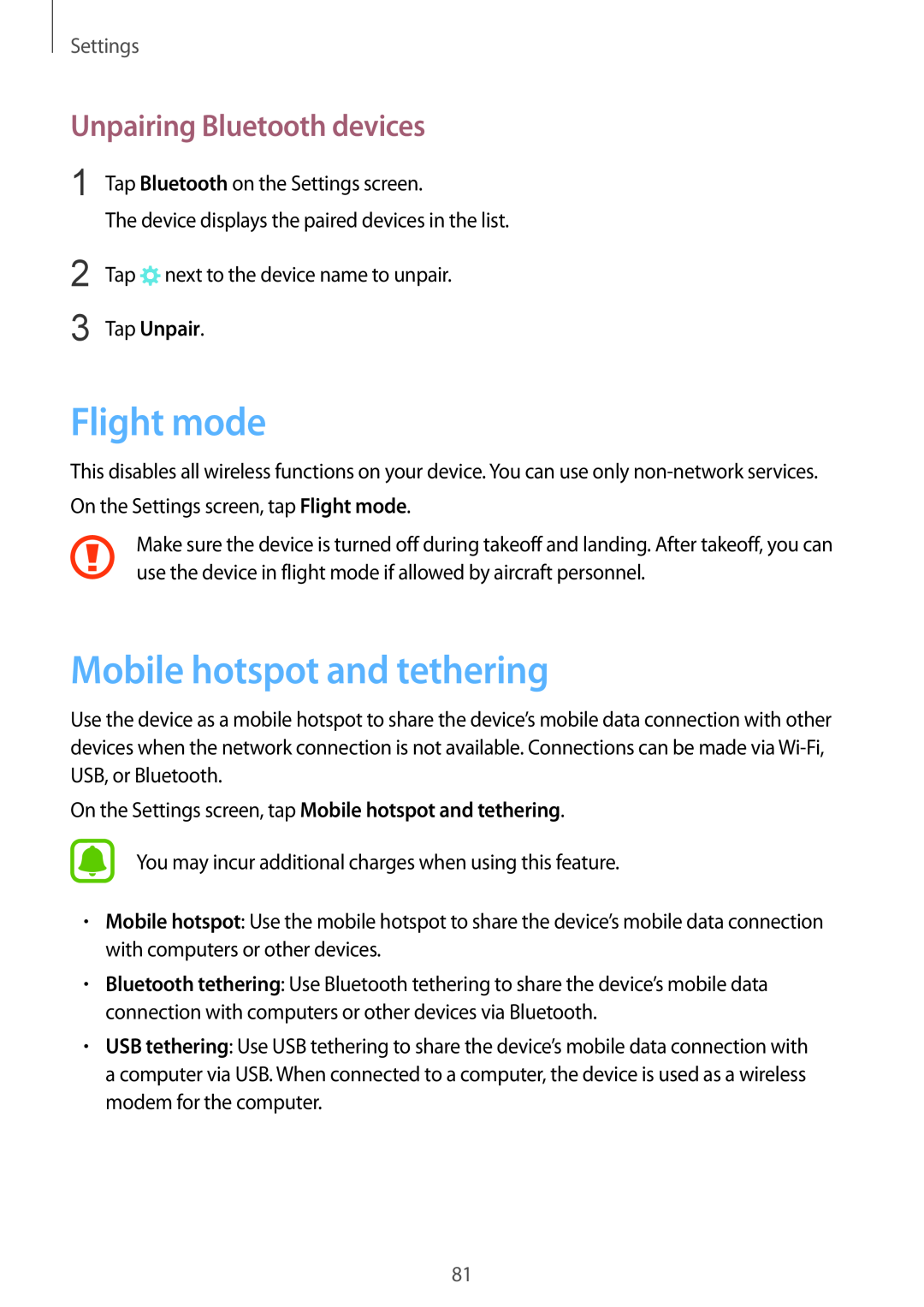 Samsung SM-T819NZWENEE manual Flight mode, Mobile hotspot and tethering, Unpairing Bluetooth devices, Tap Unpair, Settings 