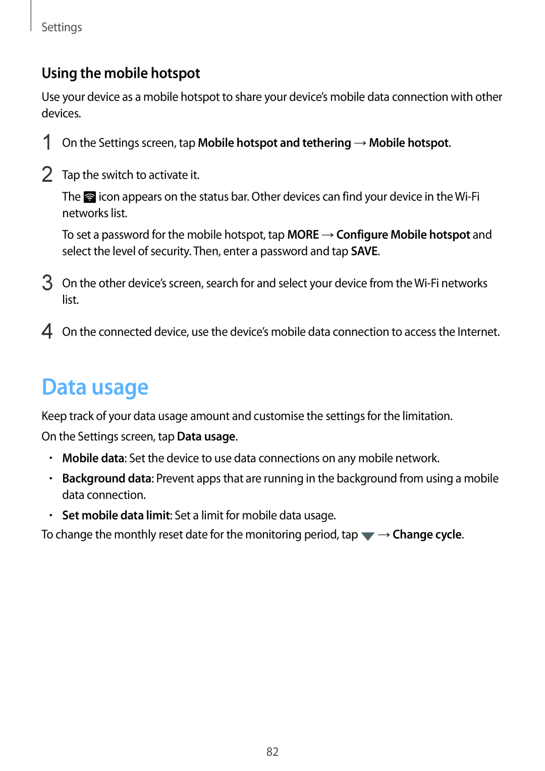 Samsung SM-T819NZKESEB, SM-T819NZKEDBT, SM-T719NZKEDBT, SM-T719NZWEDBT manual Data usage, Using the mobile hotspot, Settings 