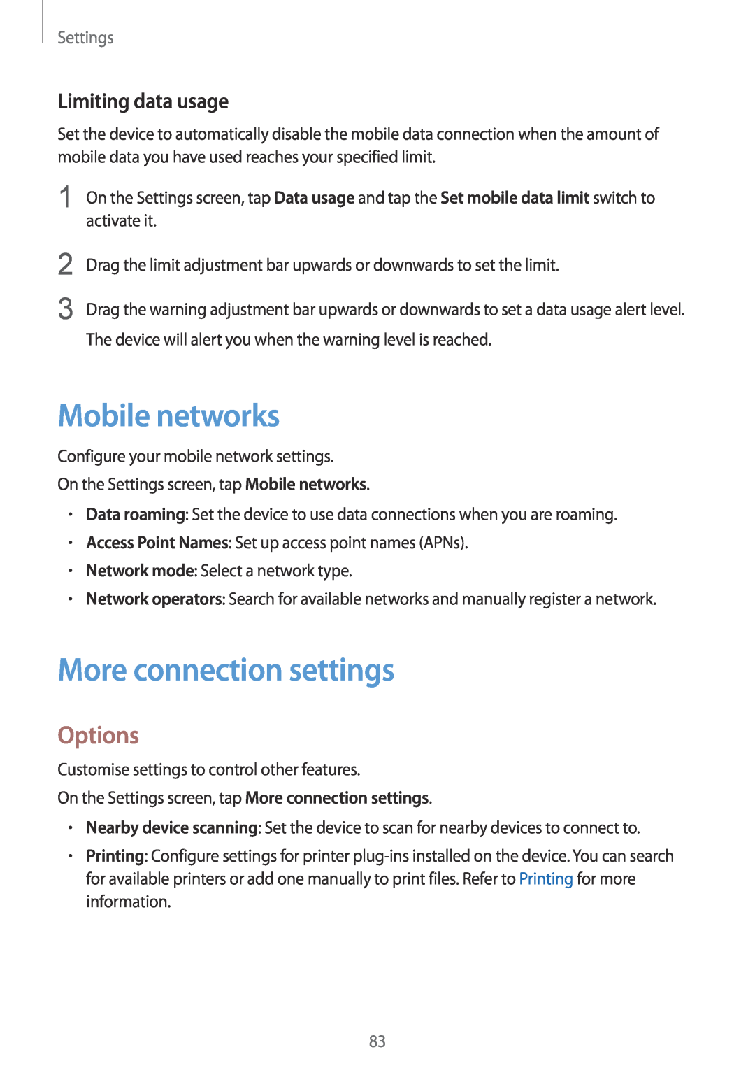 Samsung SM-T819NZWESEB, SM-T819NZKEDBT Mobile networks, More connection settings, Options, Limiting data usage, Settings 