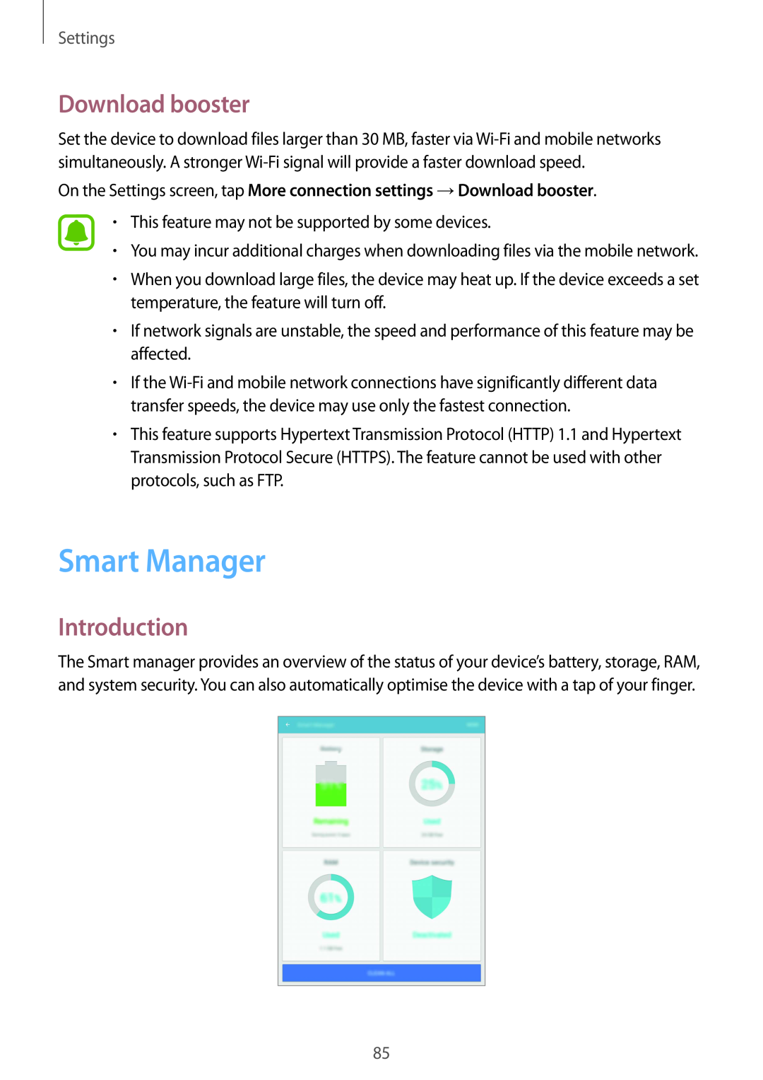 Samsung SM-T719NZWEEUR, SM-T819NZKEDBT, SM-T719NZKEDBT manual Smart Manager, Download booster, Introduction, Settings 