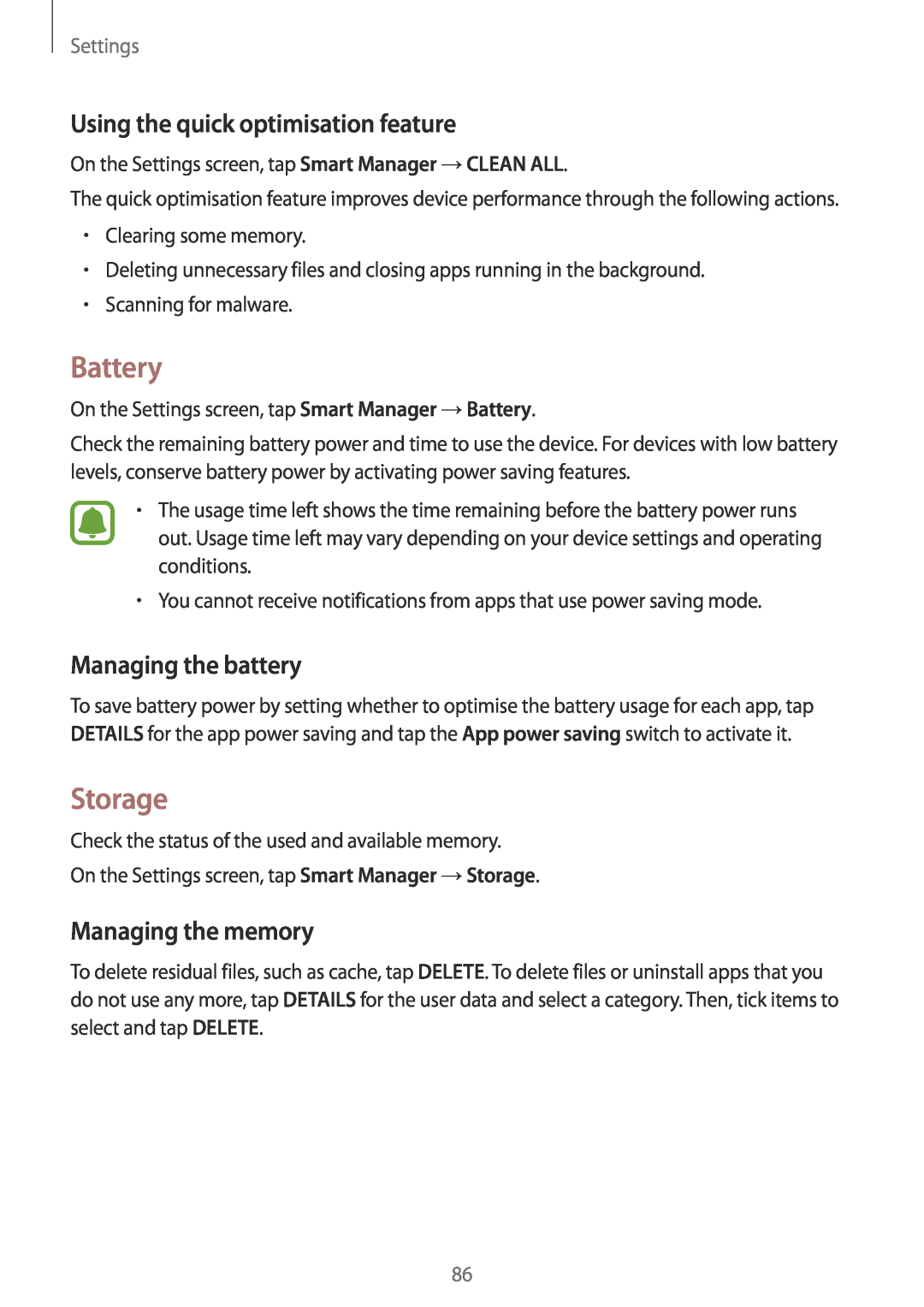 Samsung SM-T819NZWEEUR Battery, Storage, Using the quick optimisation feature, Managing the battery, Managing the memory 