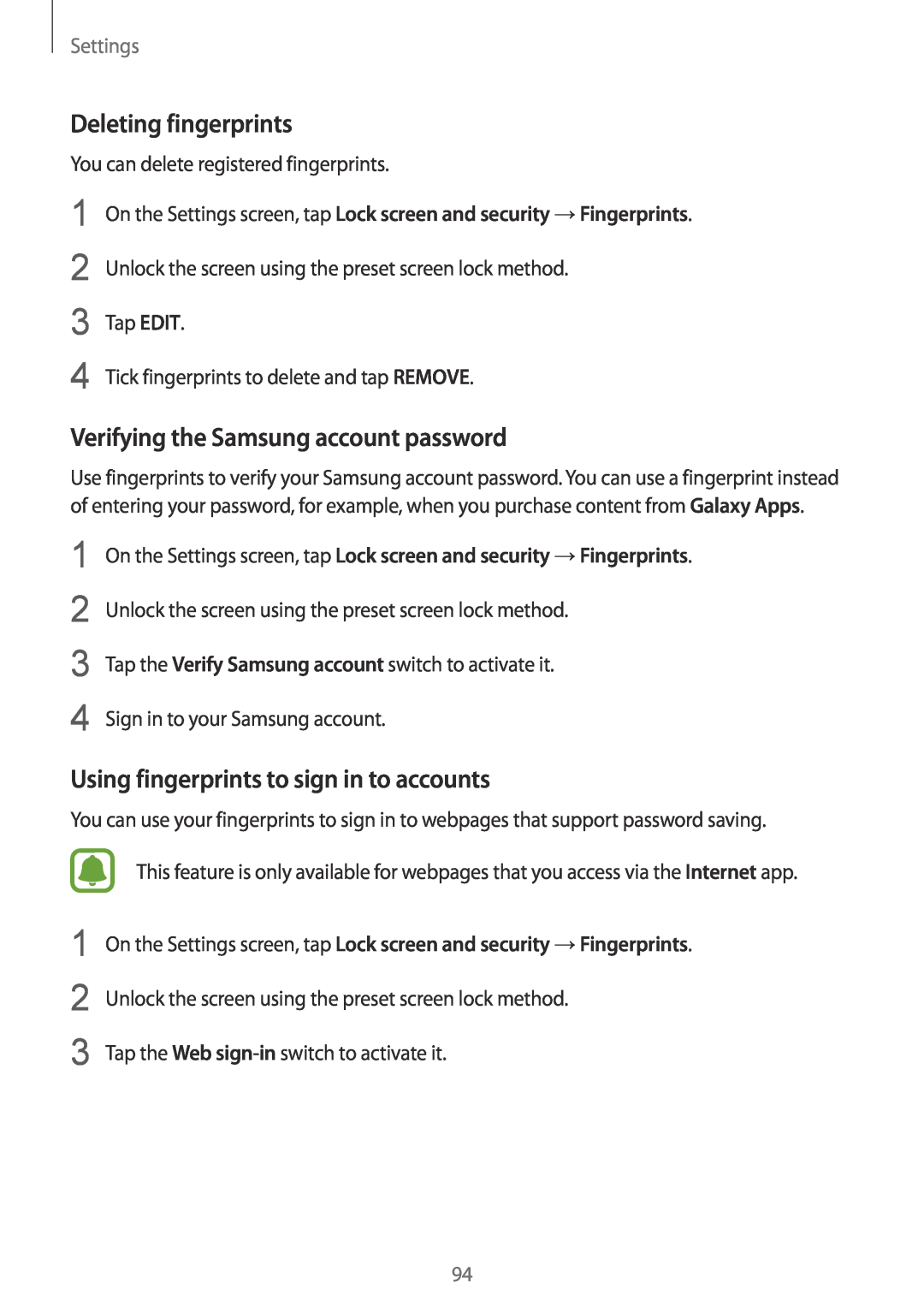 Samsung SM-T819NZKESER, SM-T819NZKEDBT manual Deleting fingerprints, Verifying the Samsung account password, Settings 