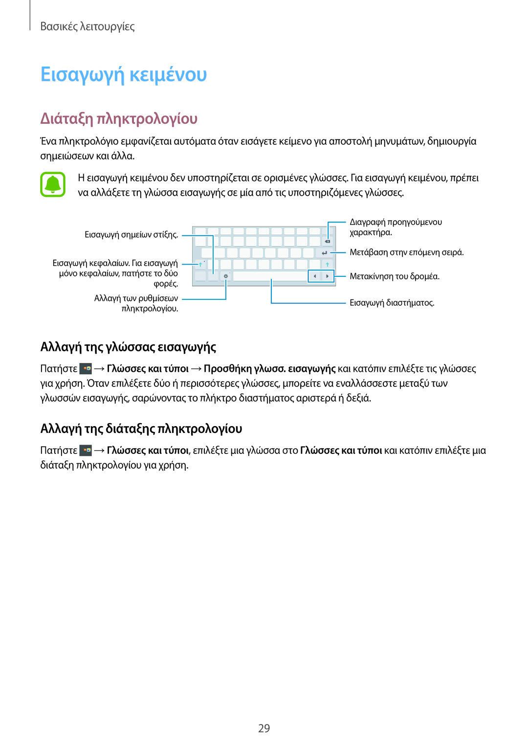 Samsung SM-T719NZWEEUR, SM-T819NZKEEUR manual Εισαγωγή κειμένου, Διάταξη πληκτρολογίου, Αλλαγή της γλώσσας εισαγωγής 