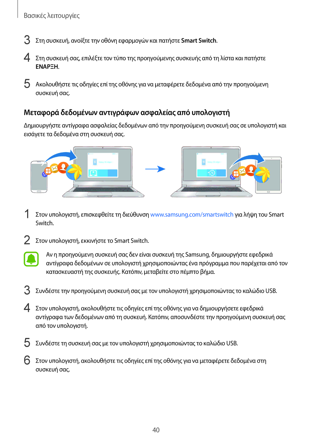 Samsung SM-T819NZKEEUR, SM-T719NZWEEUR, SM-T819NZWEEUR manual Μεταφορά δεδομένων αντιγράφων ασφαλείας από υπολογιστή, Εναρξη 