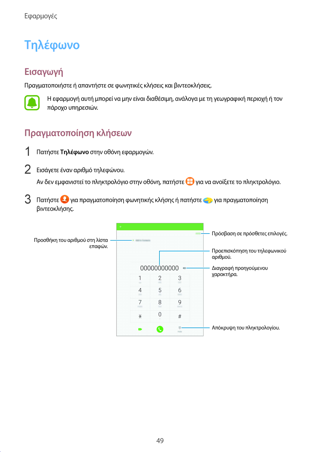 Samsung SM-T719NZWEEUR, SM-T819NZKEEUR, SM-T819NZWEEUR, SM-T719NZKEEUR manual Τηλέφωνο, Πραγματοποίηση κλήσεων 