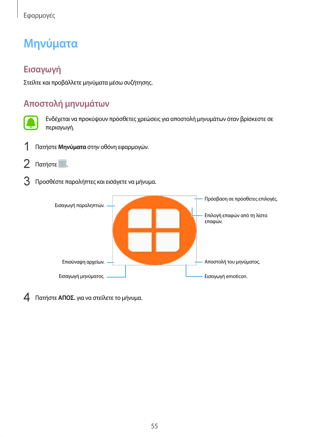 Samsung SM-T719NZKEEUR, SM-T819NZKEEUR, SM-T719NZWEEUR, SM-T819NZWEEUR manual Μηνύματα, Αποστολή μηνυμάτων 