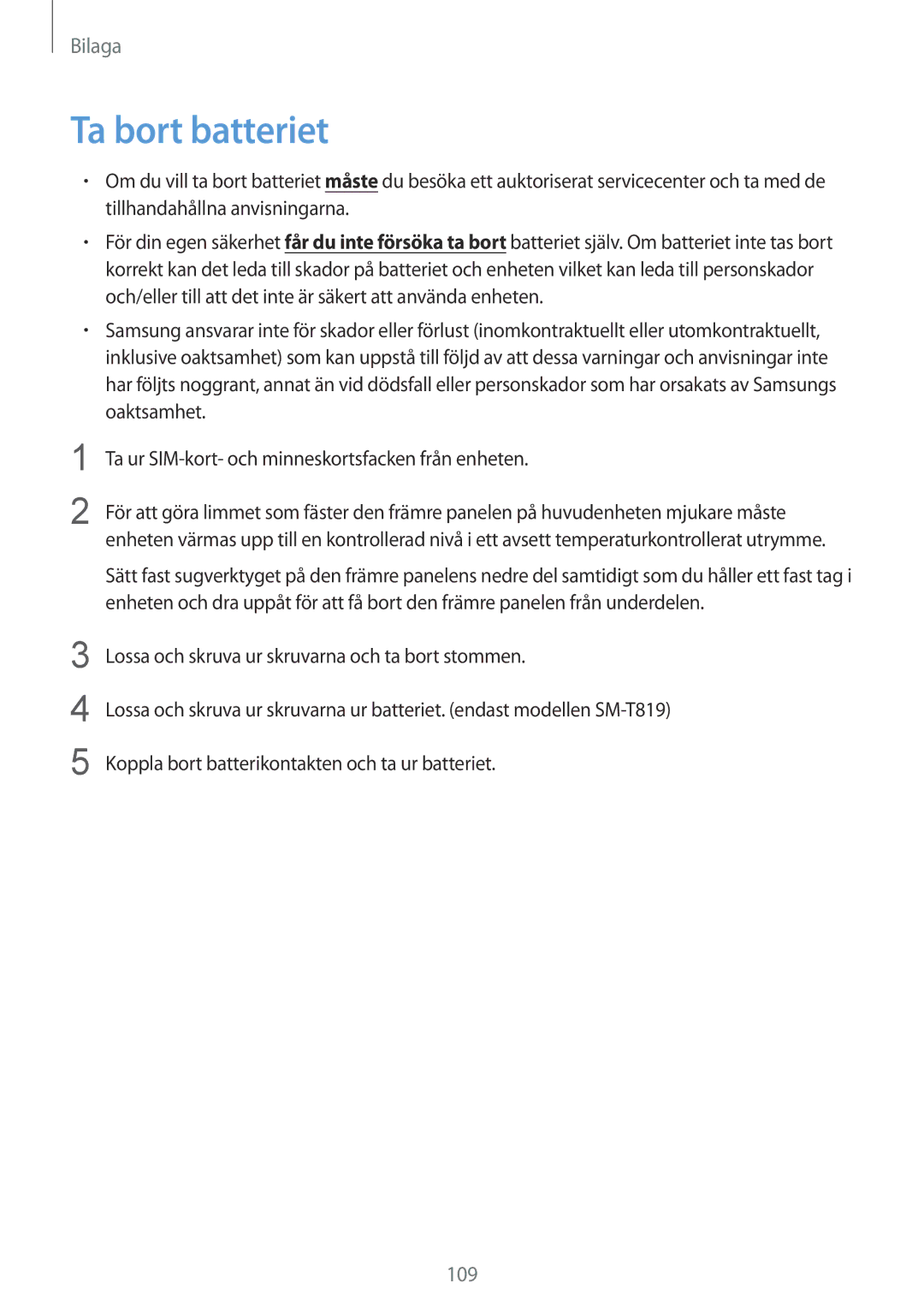 Samsung SM-T819NZWENEE, SM-T819NZKENEE manual Ta bort batteriet, 109 