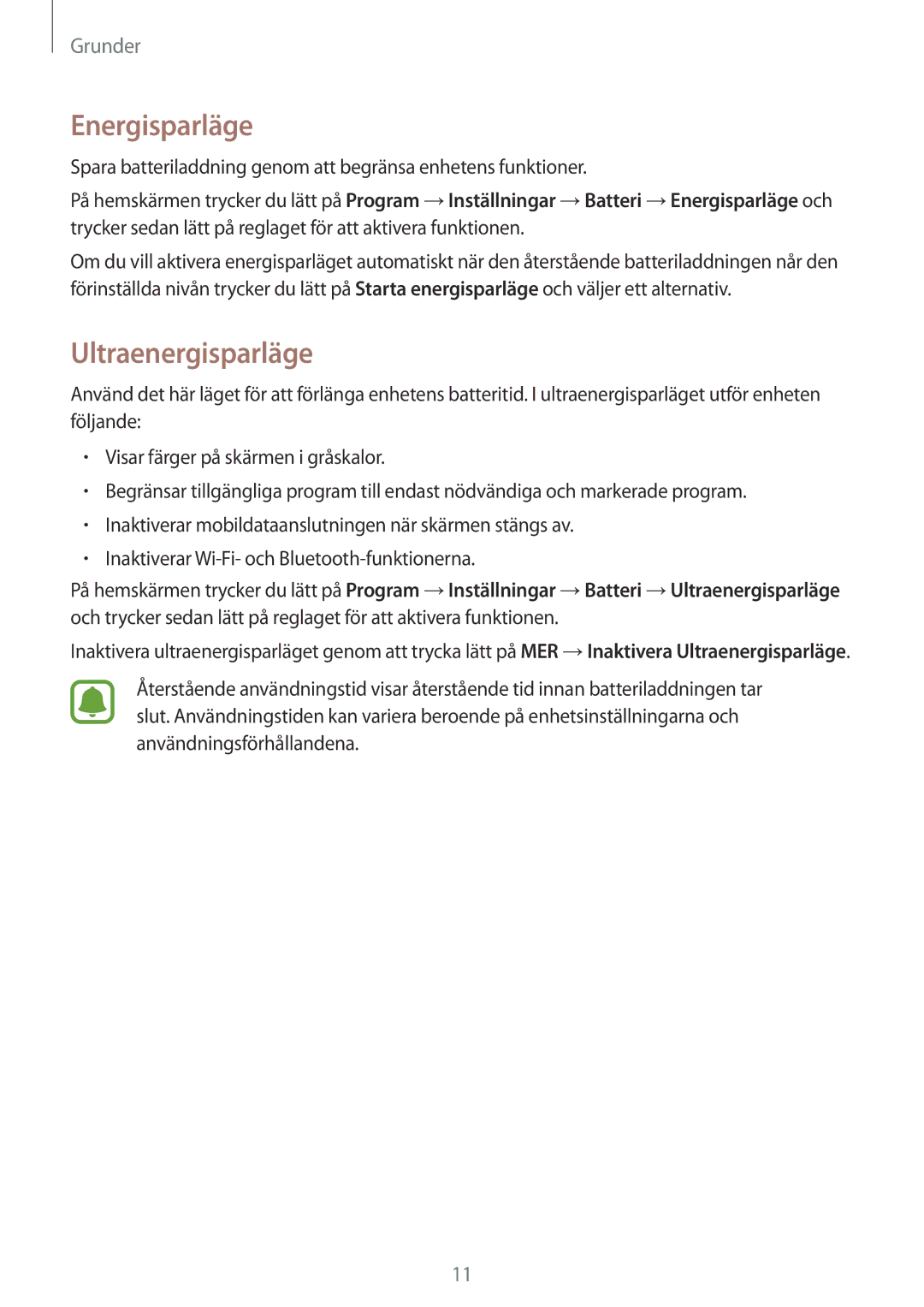 Samsung SM-T819NZWENEE, SM-T819NZKENEE manual Energisparläge, Ultraenergisparläge 