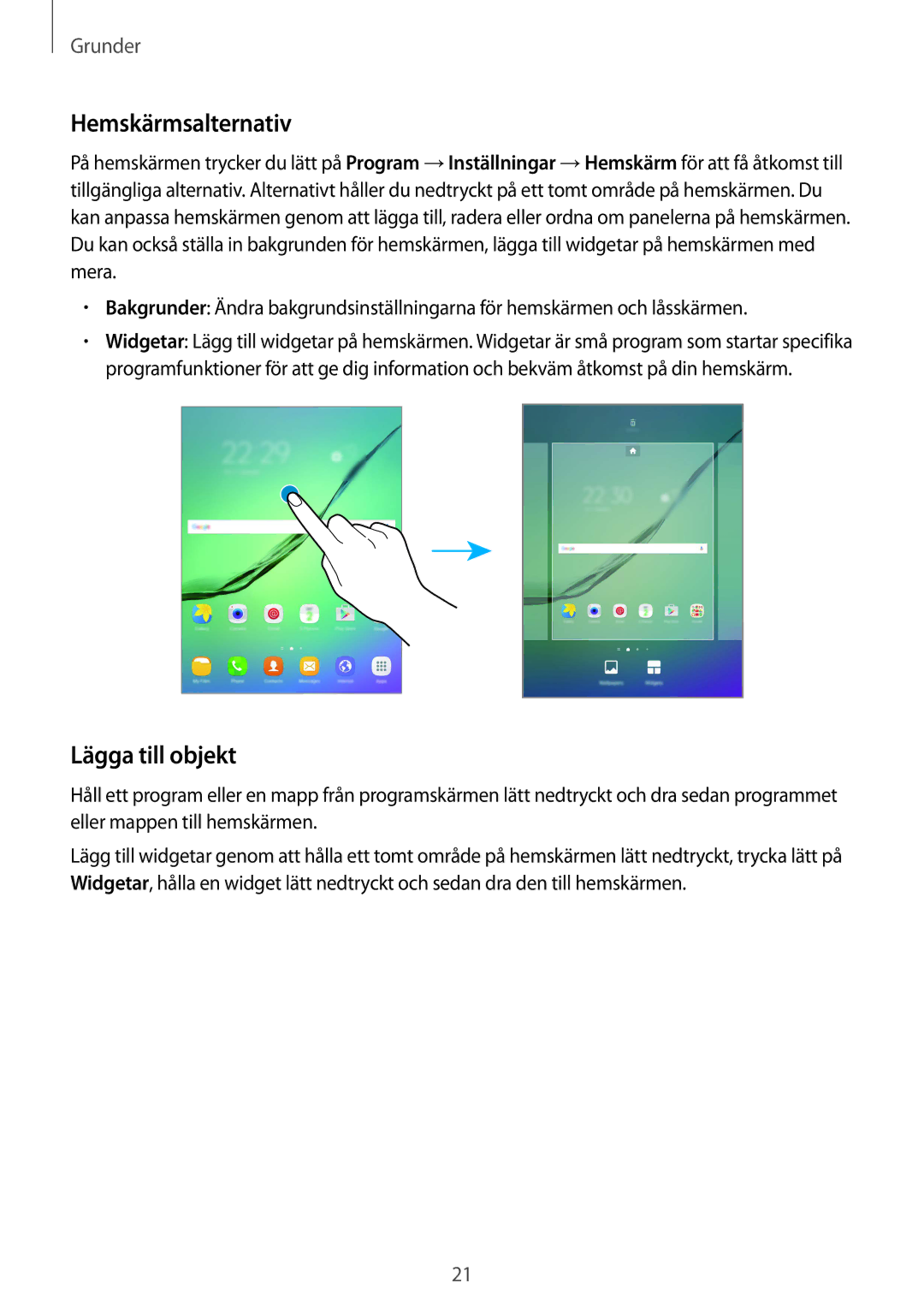 Samsung SM-T819NZWENEE, SM-T819NZKENEE manual Hemskärmsalternativ, Lägga till objekt 