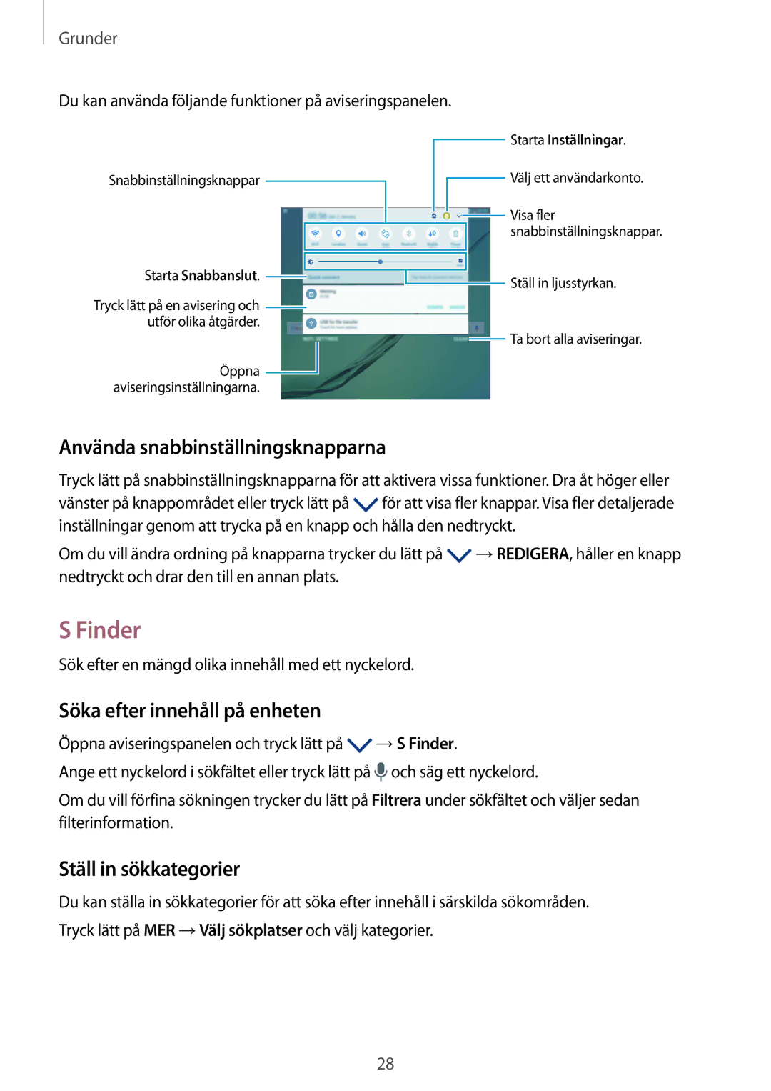 Samsung SM-T819NZKENEE Finder, Använda snabbinställningsknapparna, Söka efter innehåll på enheten, Ställ in sökkategorier 