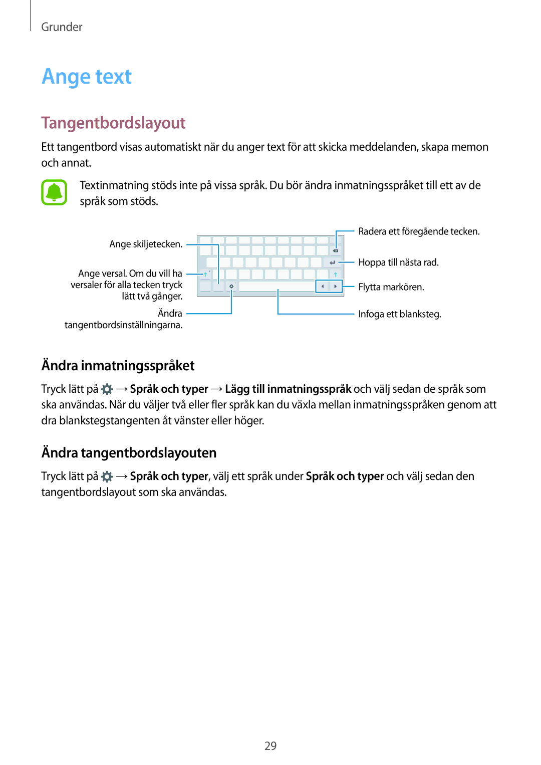 Samsung SM-T819NZWENEE, SM-T819NZKENEE Ange text, Tangentbordslayout, Ändra inmatningsspråket, Ändra tangentbordslayouten 