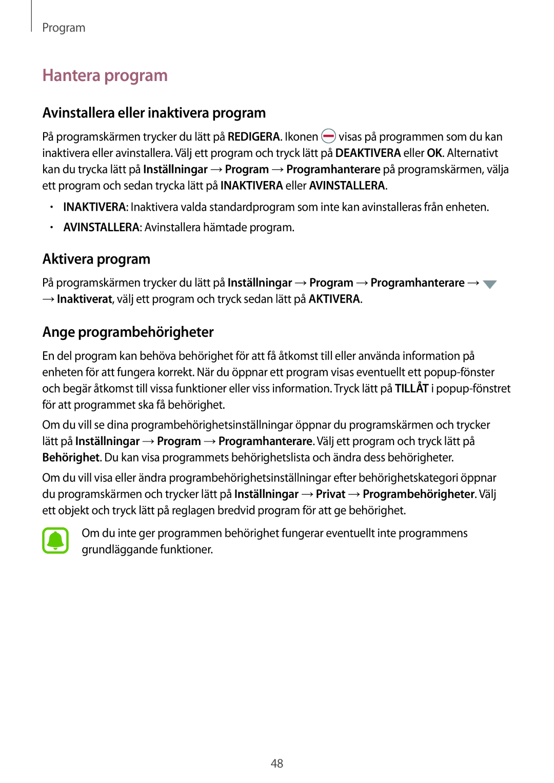 Samsung SM-T819NZKENEE Hantera program, Avinstallera eller inaktivera program, Aktivera program, Ange programbehörigheter 