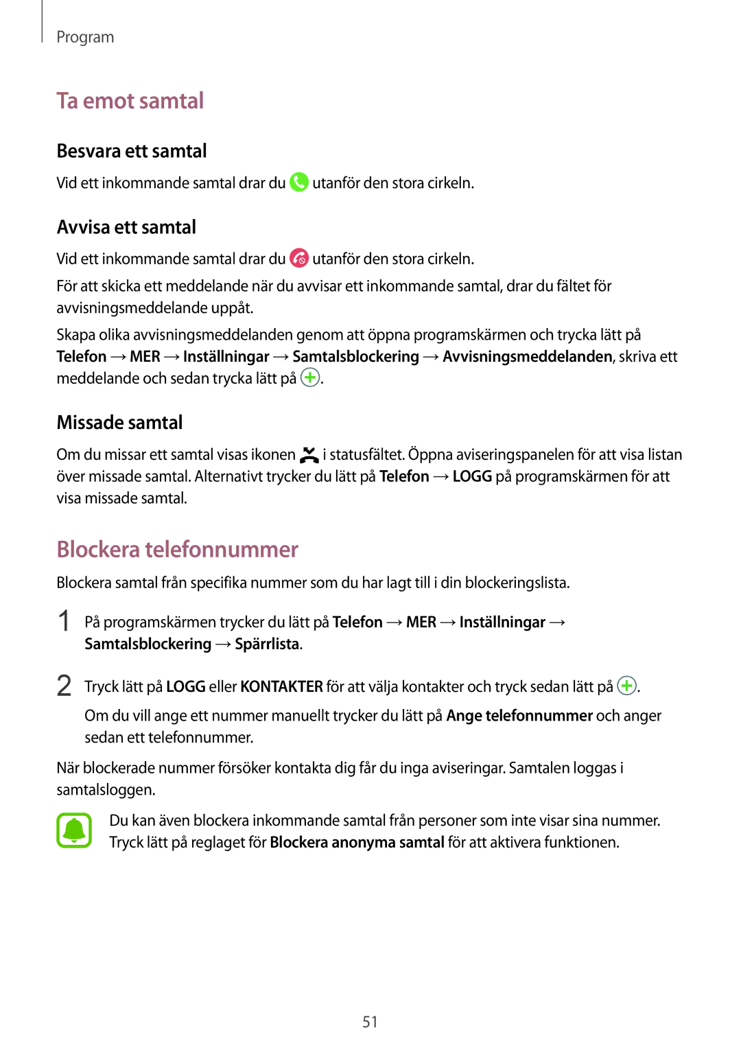 Samsung SM-T819NZWENEE manual Ta emot samtal, Blockera telefonnummer, Besvara ett samtal, Avvisa ett samtal, Missade samtal 