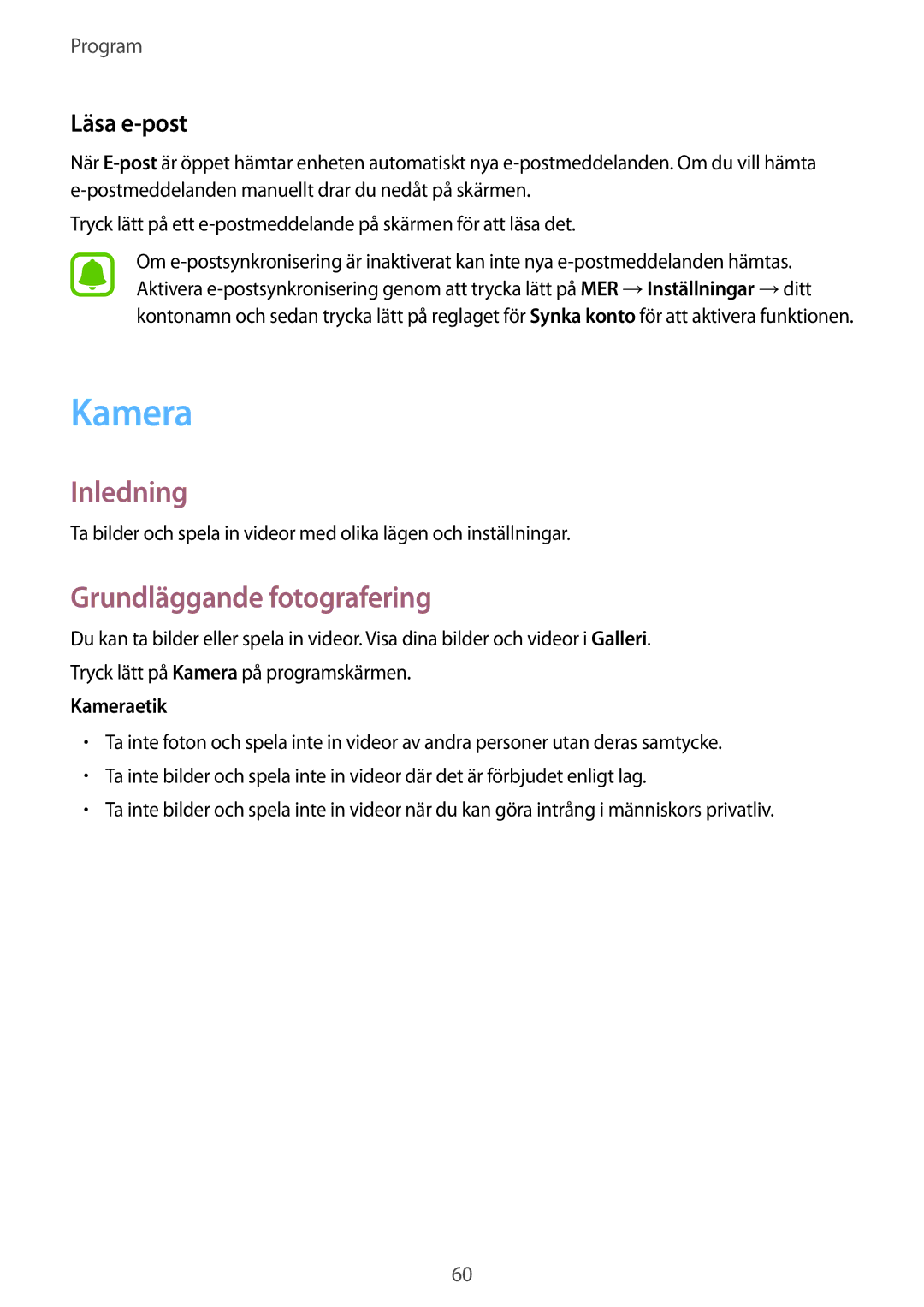Samsung SM-T819NZKENEE, SM-T819NZWENEE manual Grundläggande fotografering, Läsa e-post, Kameraetik 