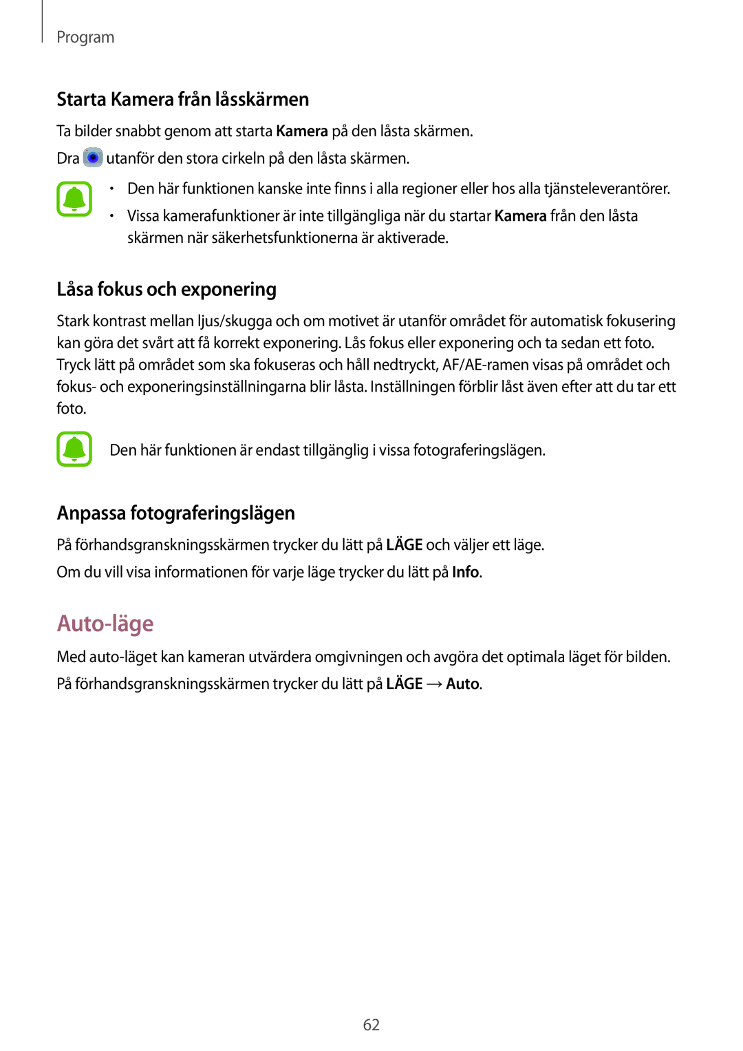 Samsung SM-T819NZKENEE Auto-läge, Starta Kamera från låsskärmen, Låsa fokus och exponering, Anpassa fotograferingslägen 