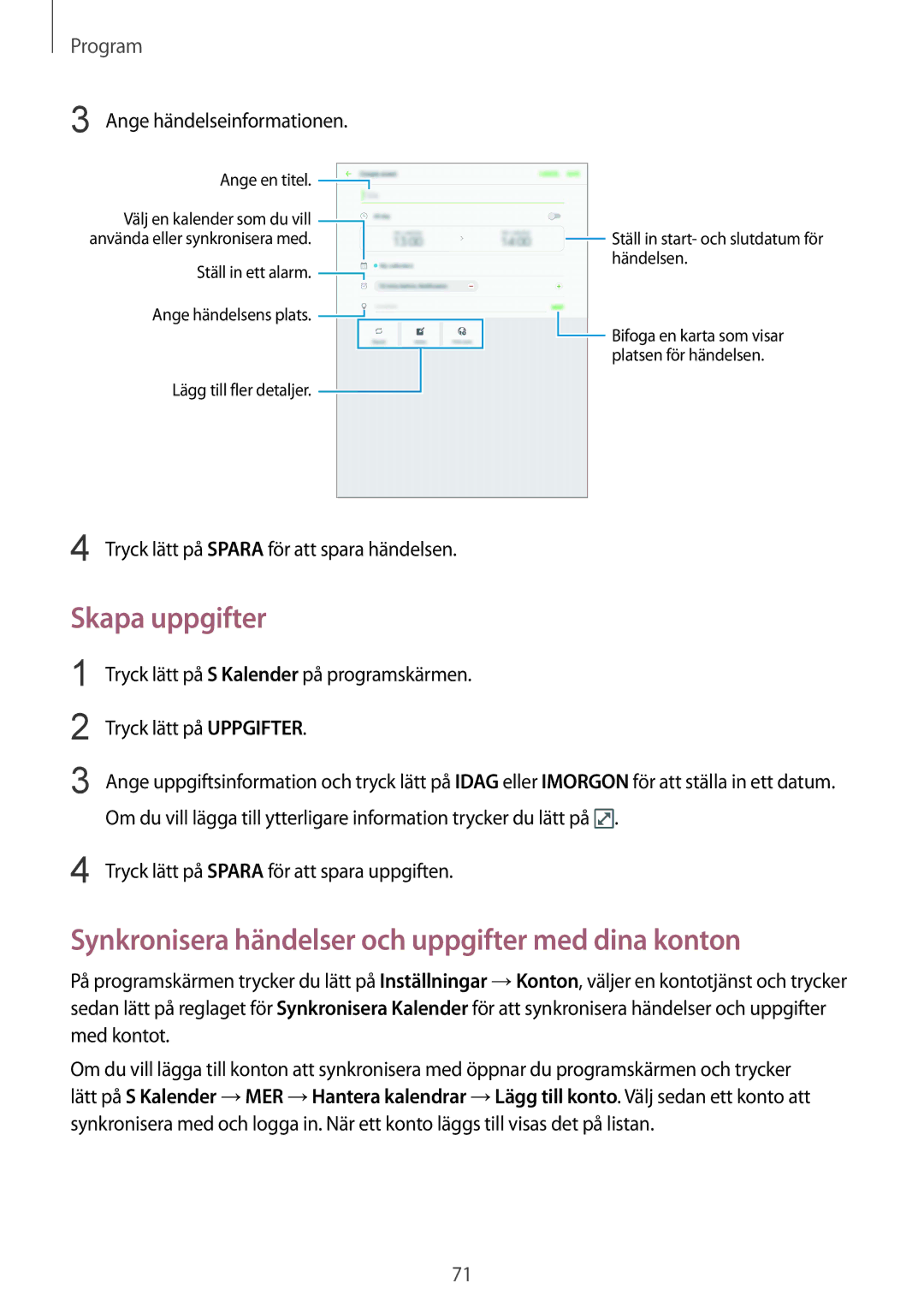 Samsung SM-T819NZWENEE Skapa uppgifter, Synkronisera händelser och uppgifter med dina konton, Ange händelseinformationen 