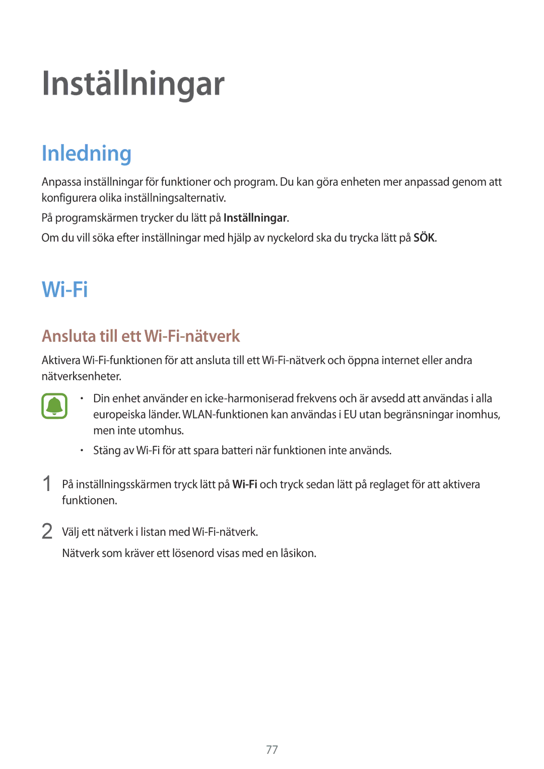 Samsung SM-T819NZWENEE, SM-T819NZKENEE manual Inledning, Ansluta till ett Wi-Fi-nätverk 