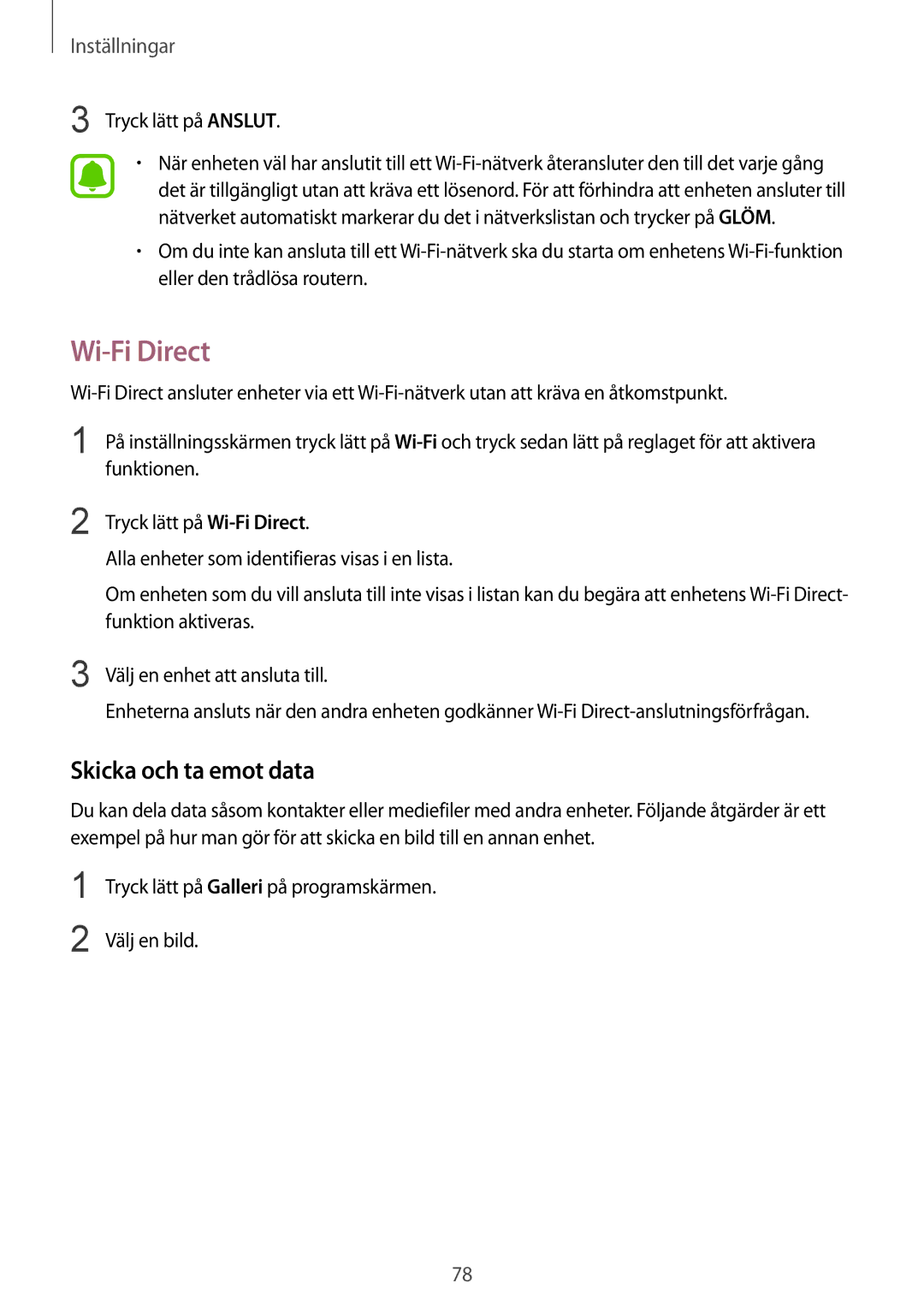 Samsung SM-T819NZKENEE, SM-T819NZWENEE manual Wi-Fi Direct, Skicka och ta emot data, Tryck lätt på Anslut 