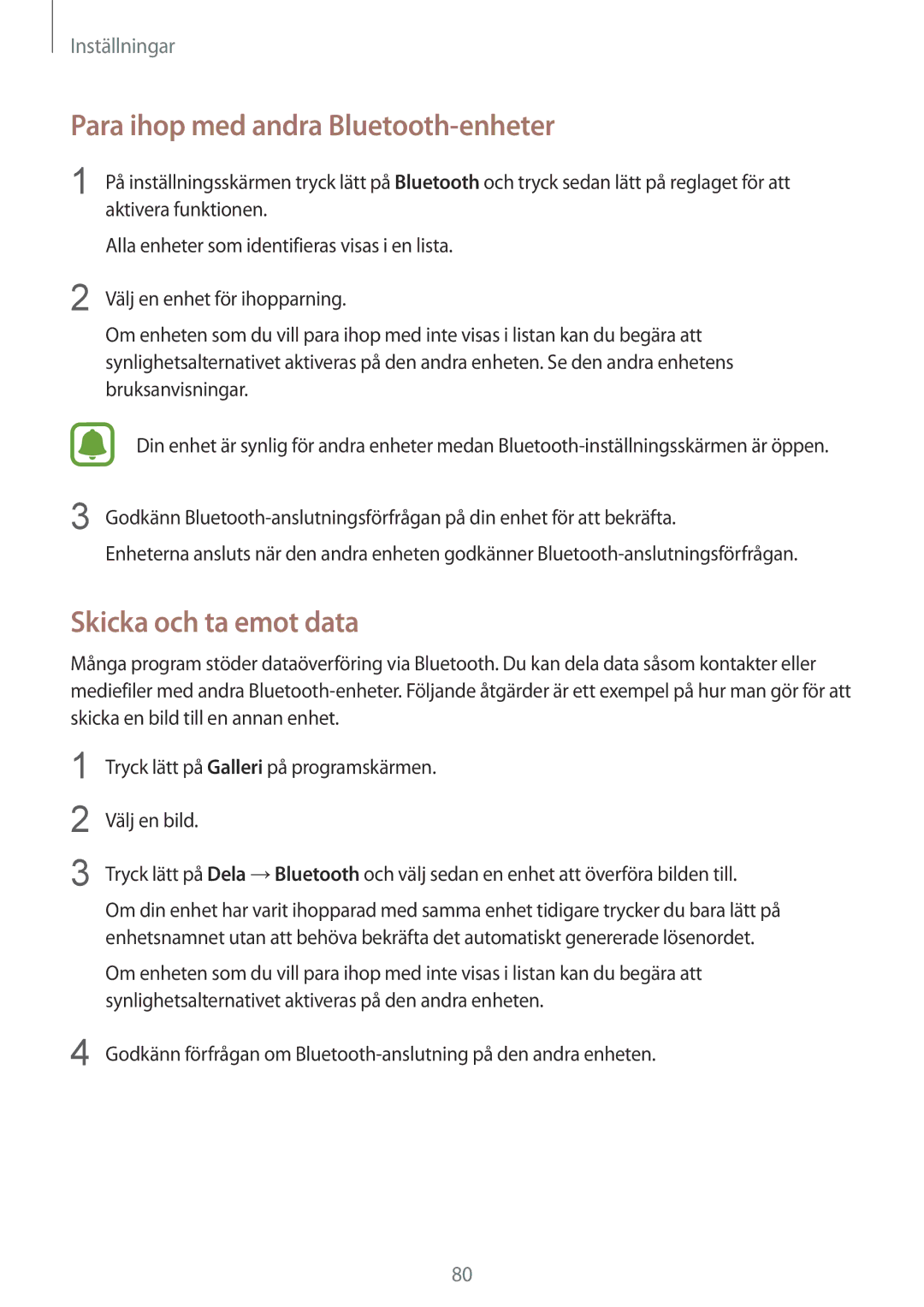 Samsung SM-T819NZKENEE, SM-T819NZWENEE manual Para ihop med andra Bluetooth-enheter, Skicka och ta emot data 