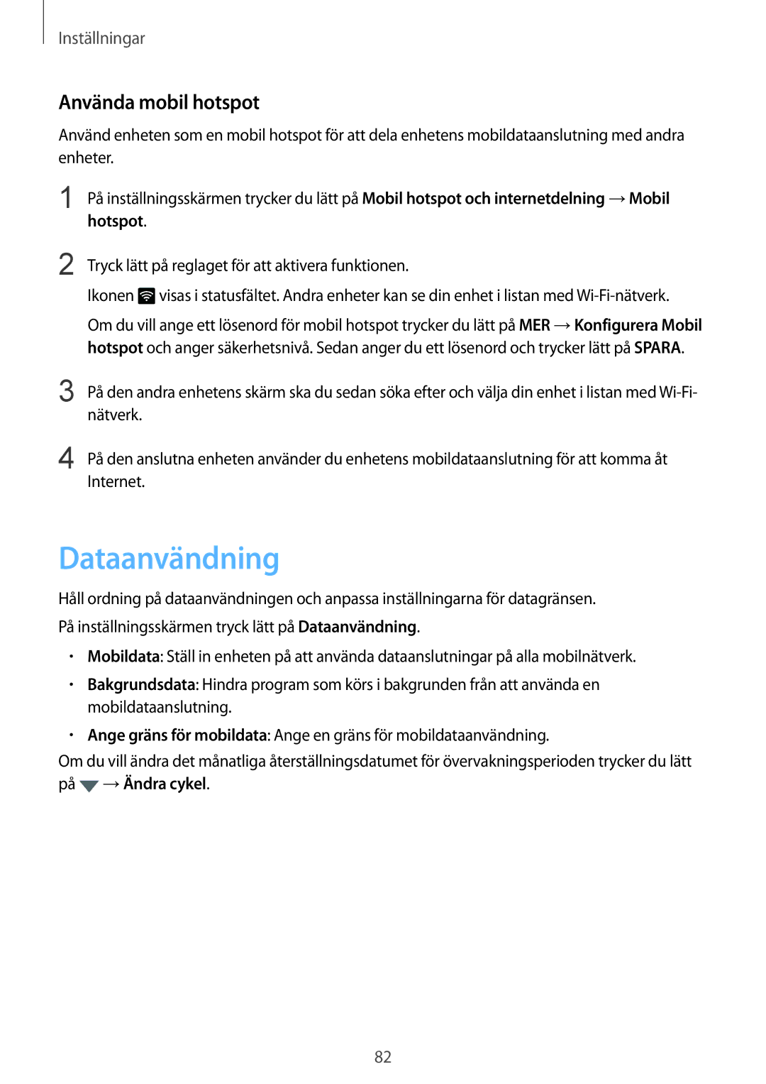 Samsung SM-T819NZKENEE, SM-T819NZWENEE manual Dataanvändning, Använda mobil hotspot 