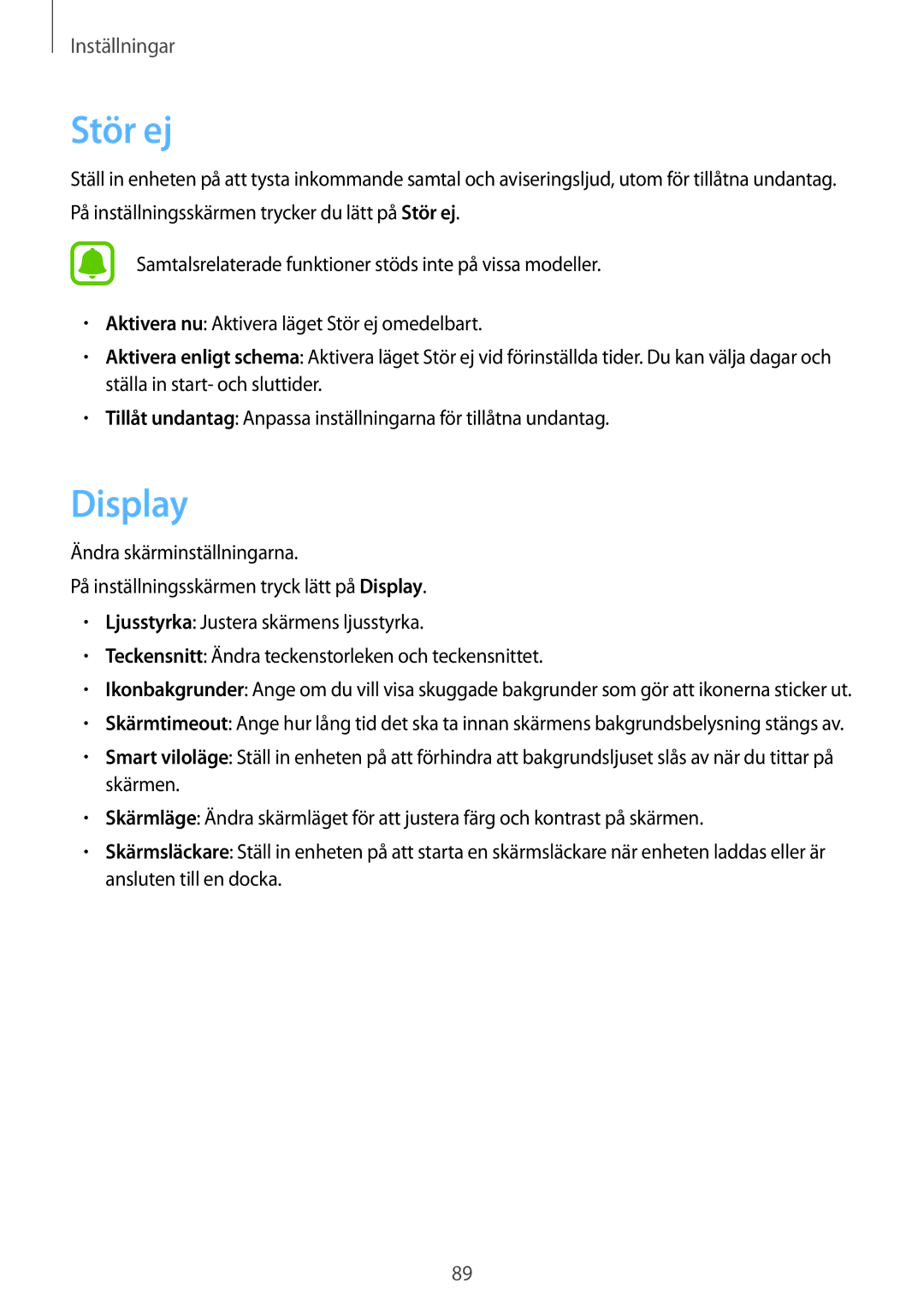 Samsung SM-T819NZWENEE, SM-T819NZKENEE manual Stör ej, Display 