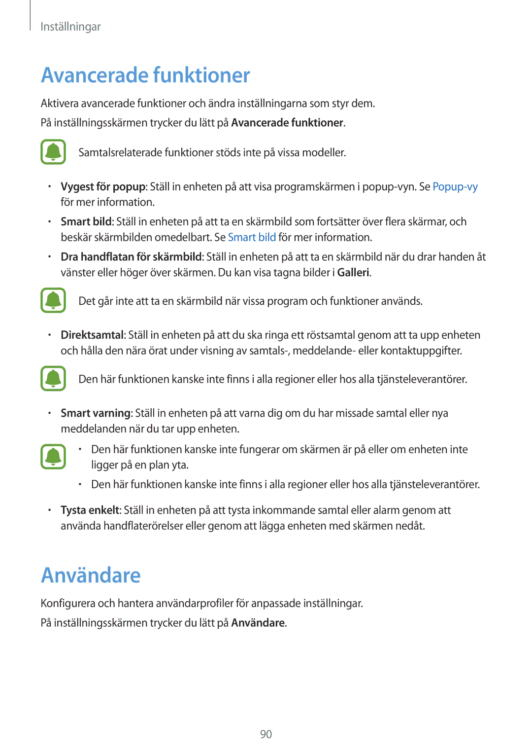 Samsung SM-T819NZKENEE, SM-T819NZWENEE manual Avancerade funktioner, Användare 