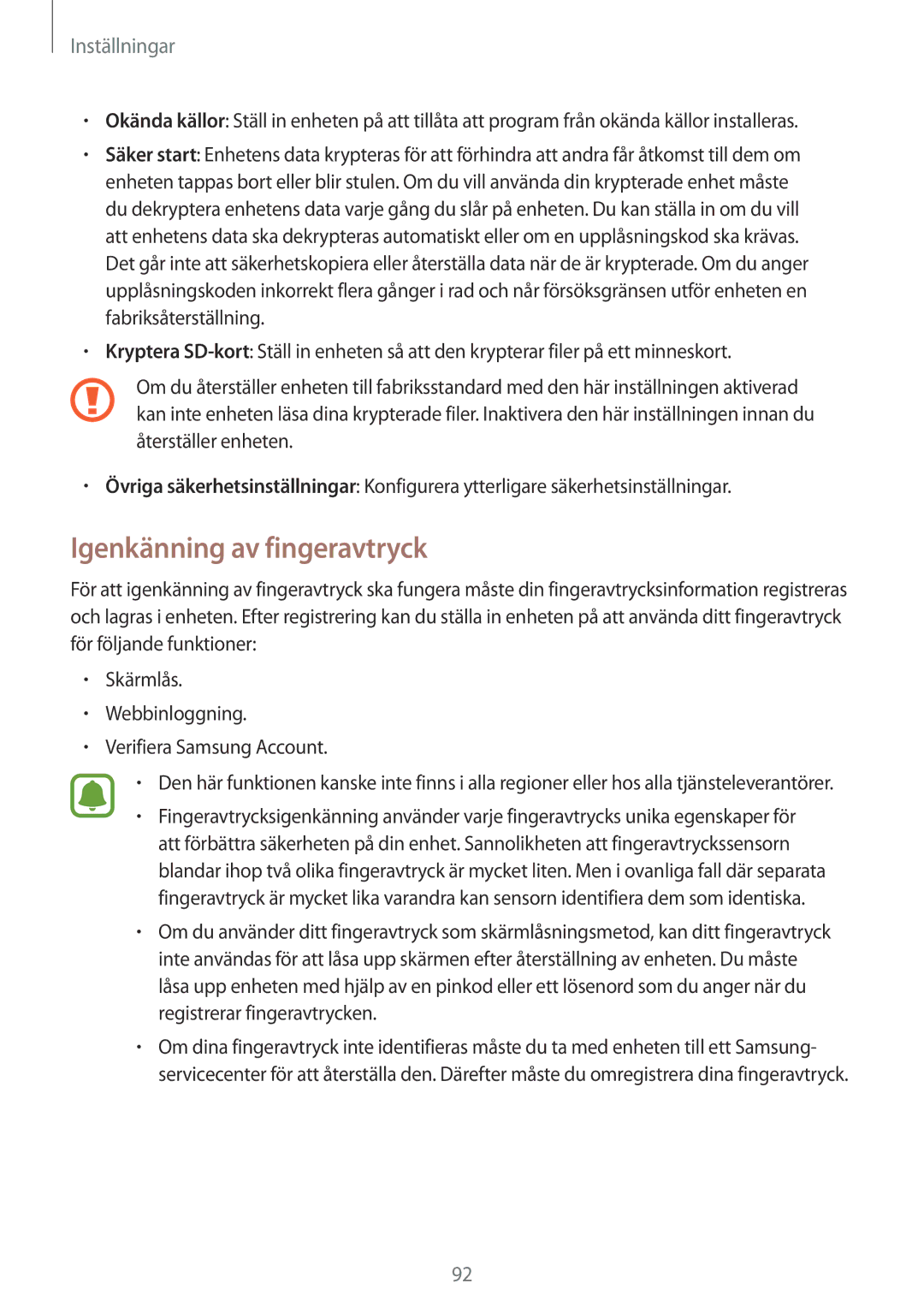 Samsung SM-T819NZKENEE, SM-T819NZWENEE manual Igenkänning av fingeravtryck 