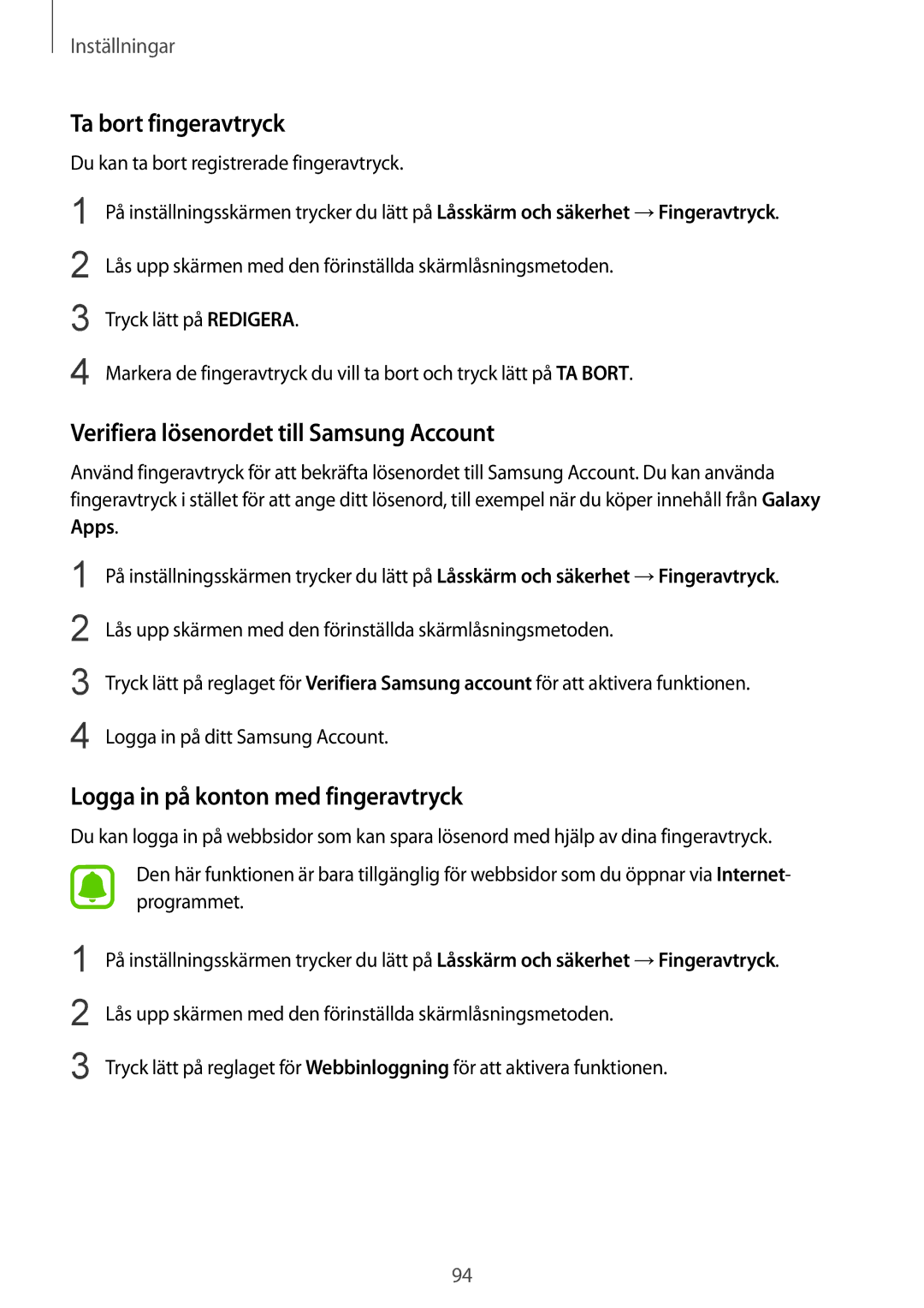 Samsung SM-T819NZKENEE, SM-T819NZWENEE manual Ta bort fingeravtryck, Verifiera lösenordet till Samsung Account 